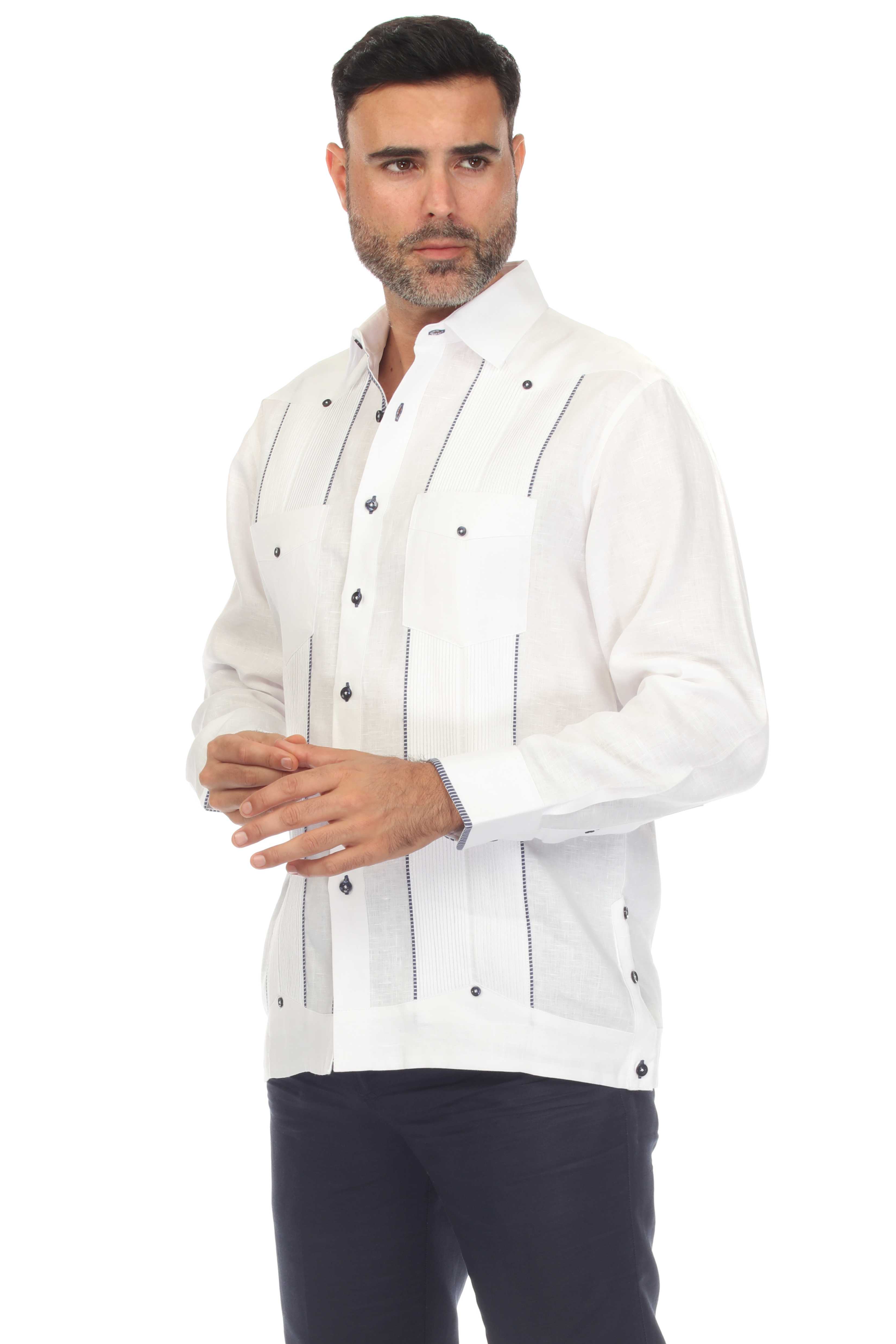 Mojito Men's 100% Linen Guayabera Chacabana Shirt Long Sleeve with Print Trim Accent