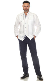 Mojito Men's 100% Linen Guayabera Chacabana Shirt Long Sleeve with Print Trim Accent