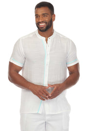 Men's Beach Mandarin Collar Button Down Two Tone Shirt Short Sleeve