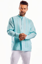 Mojito Men's 100% Linen Mandarin Collar Guayabera Chacabana Shirt Long Sleeve with Embroidery Trim Accent