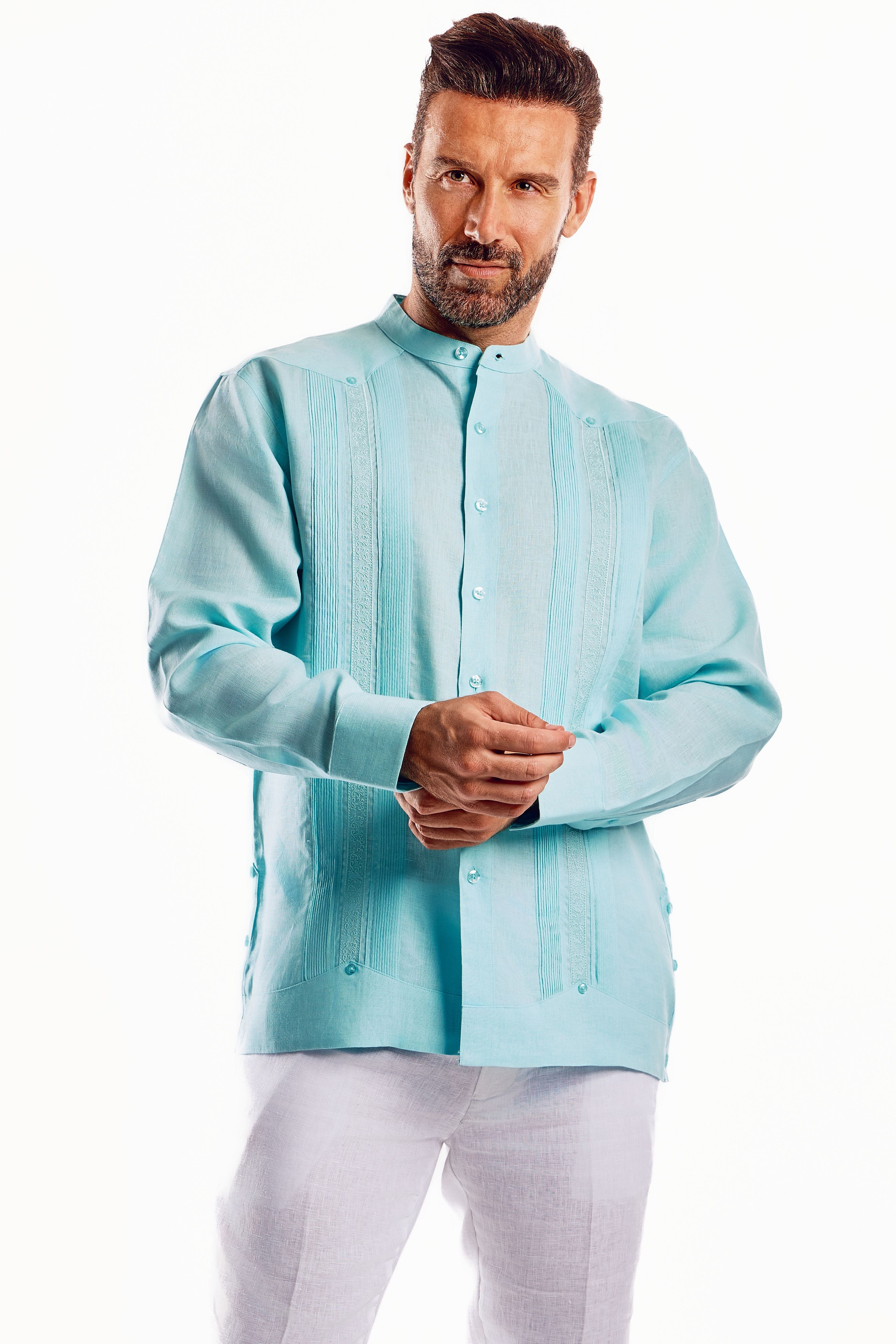 Mojito Men's 100% Linen Mandarin Collar Guayabera Chacabana Shirt Long Sleeve with Embroidery Trim Accent