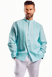 Mojito Men's 100% Linen Mandarin Collar Guayabera Chacabana Shirt Long Sleeve with Embroidery Trim Accent