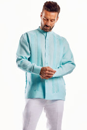 Mojito Men's 100% Linen Mandarin Collar Guayabera Chacabana Shirt Long Sleeve with Embroidery Trim Accent