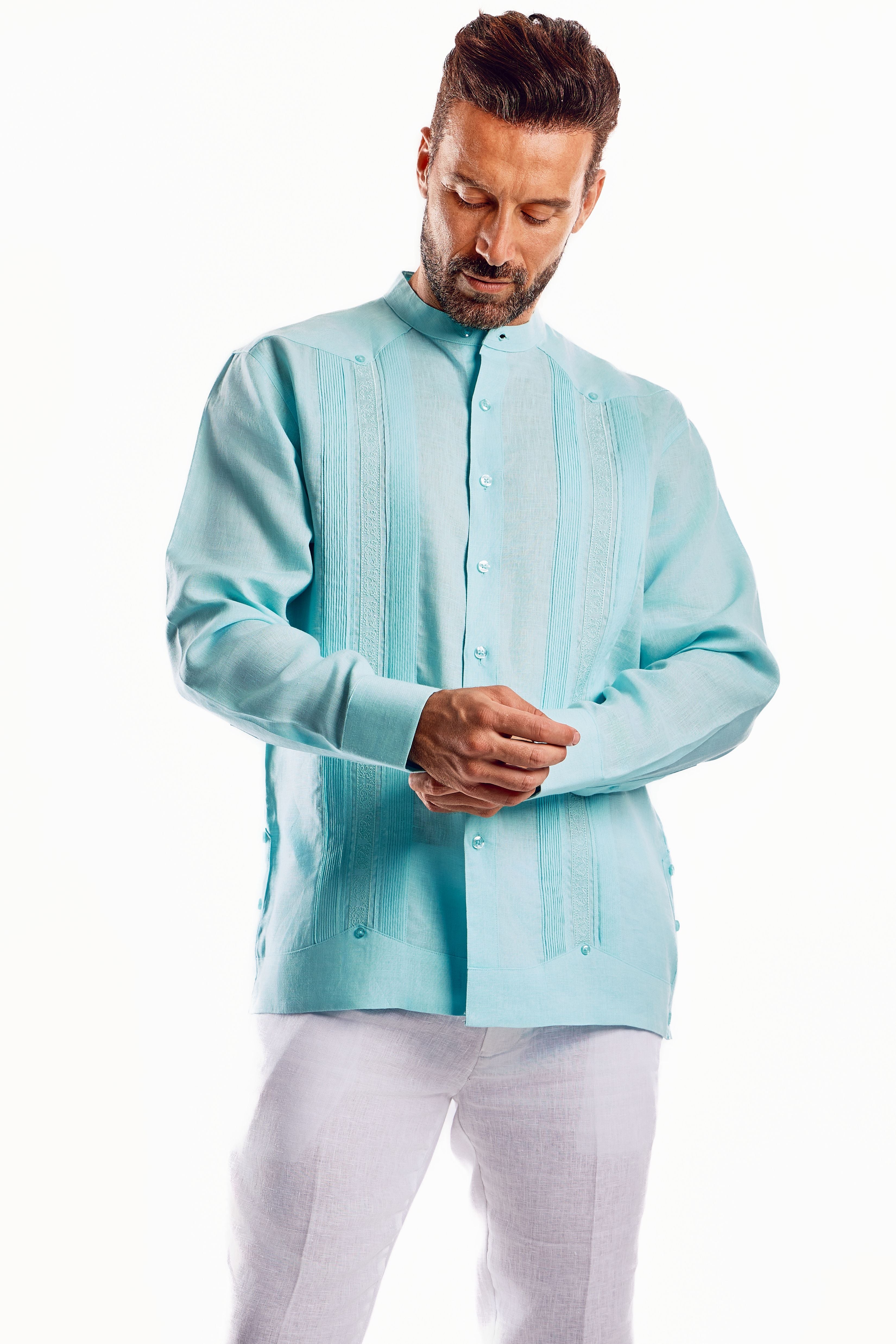 Mojito Men's 100% Linen Mandarin Collar Guayabera Chacabana Shirt Long Sleeve with Embroidery Trim Accent