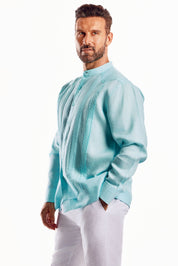 Mojito Men's 100% Linen Mandarin Collar Guayabera Chacabana Shirt Long Sleeve with Embroidery Trim Accent