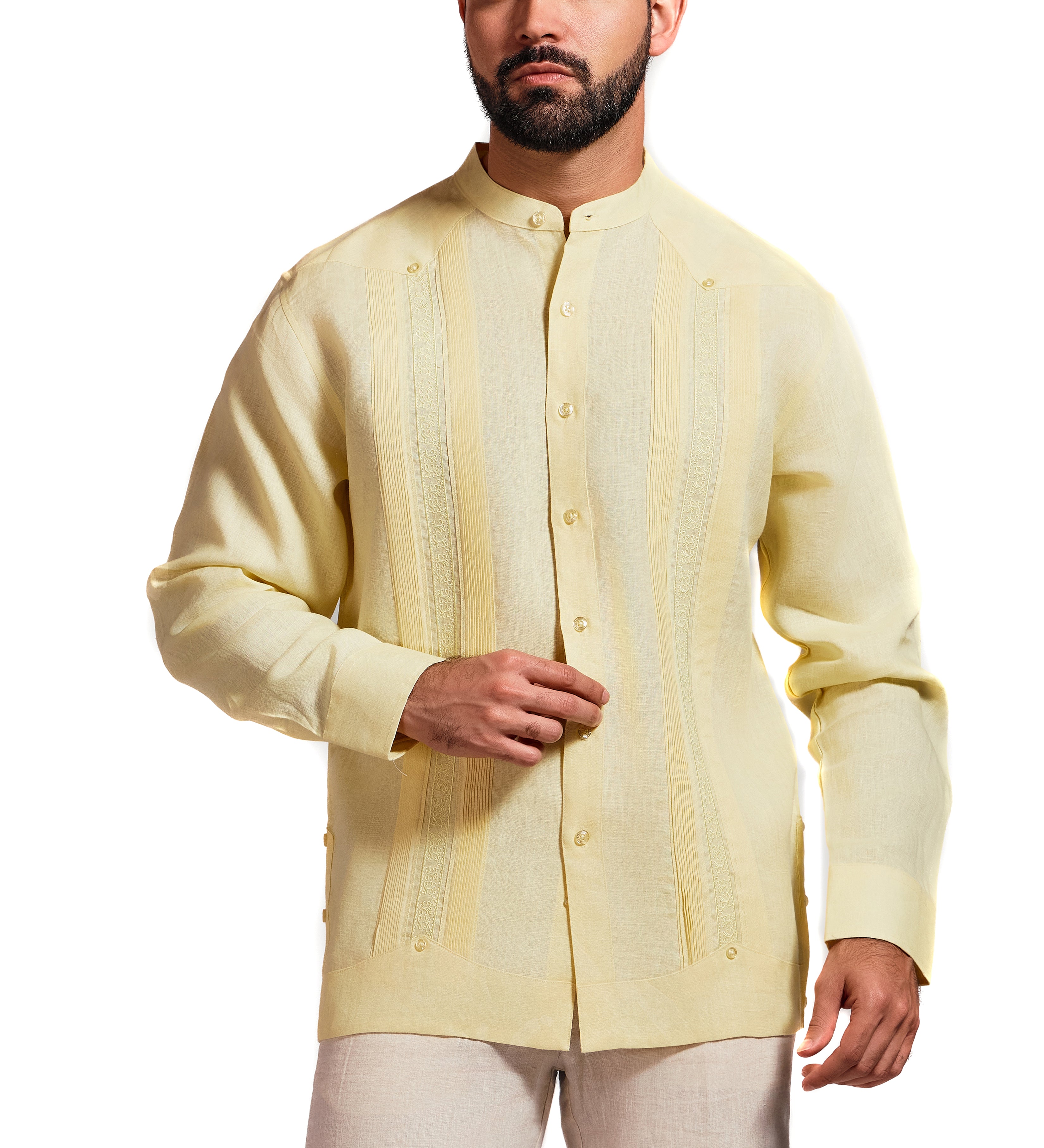 Mojito Men's 100% Linen Mandarin Collar Guayabera Chacabana Shirt Long Sleeve with Embroidery Trim Accent