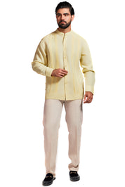 Mojito Men's 100% Linen Mandarin Collar Guayabera Chacabana Shirt Long Sleeve with Embroidery Trim Accent