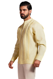 Mojito Men's 100% Linen Mandarin Collar Guayabera Chacabana Shirt Long Sleeve with Embroidery Trim Accent