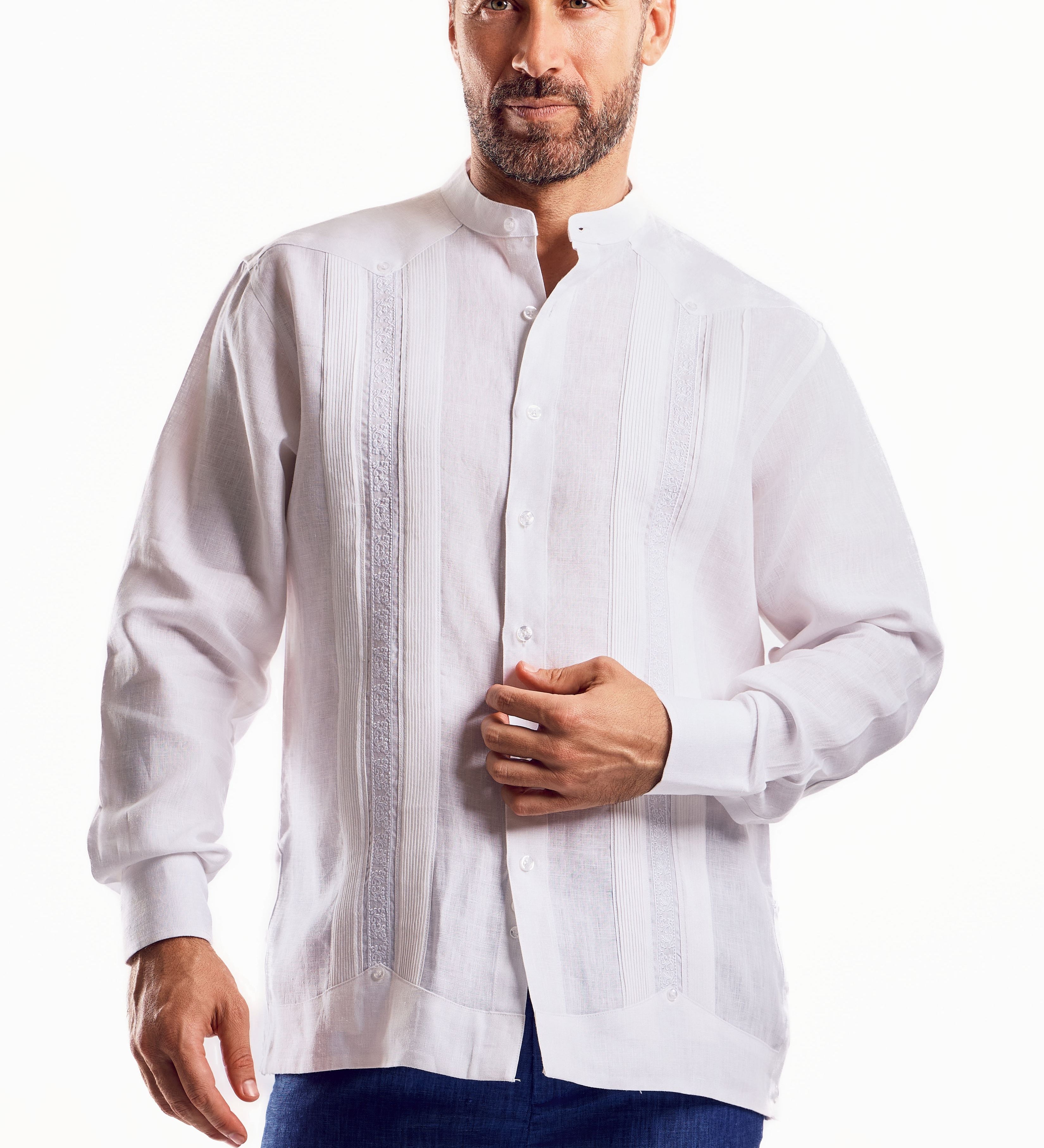 Mojito Men's 100% Linen Mandarin Collar Guayabera Chacabana Shirt Long Sleeve with Embroidery Trim Accent