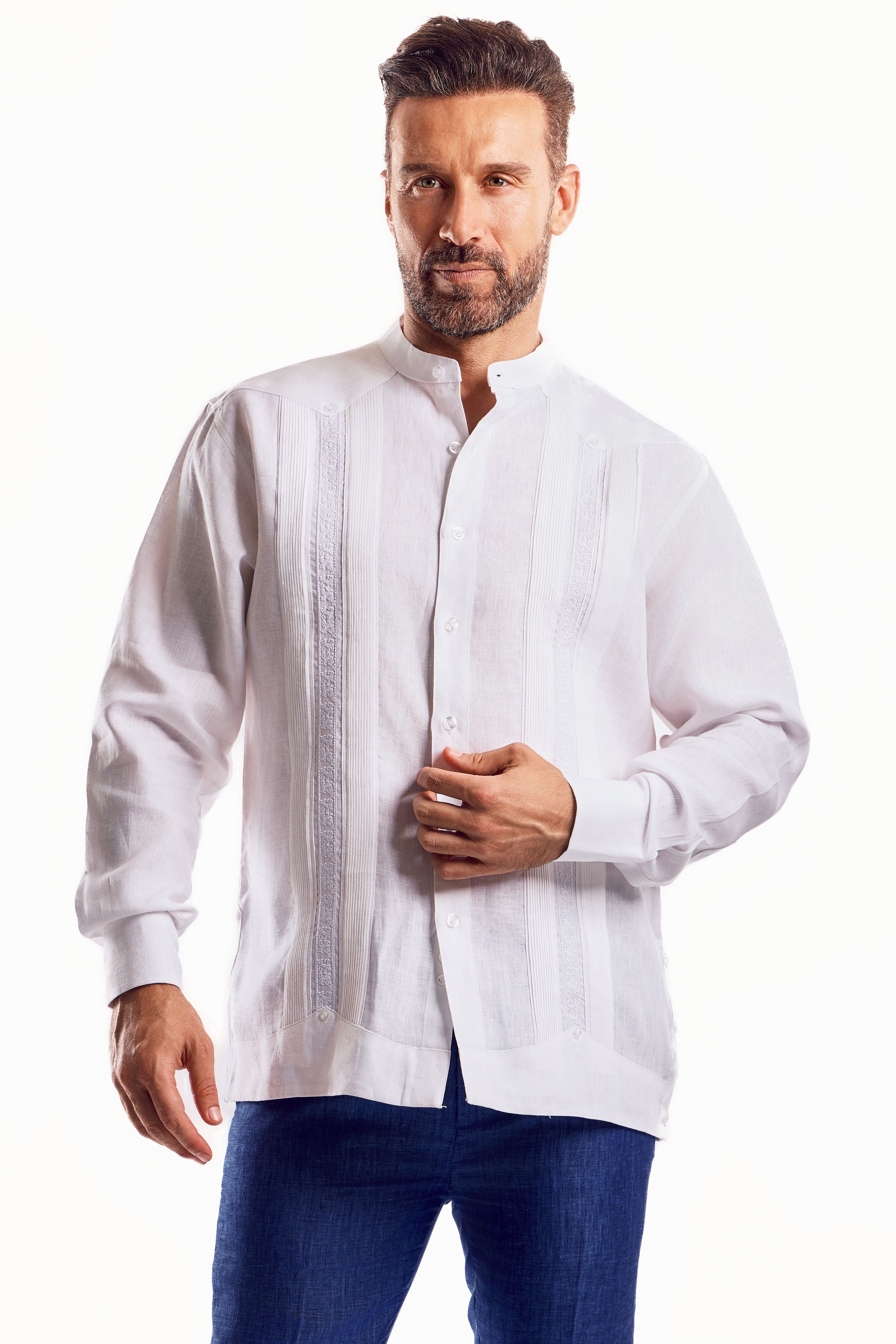 Mojito Men's 100% Linen Mandarin Collar Guayabera Chacabana Shirt Long Sleeve with Embroidery Trim Accent