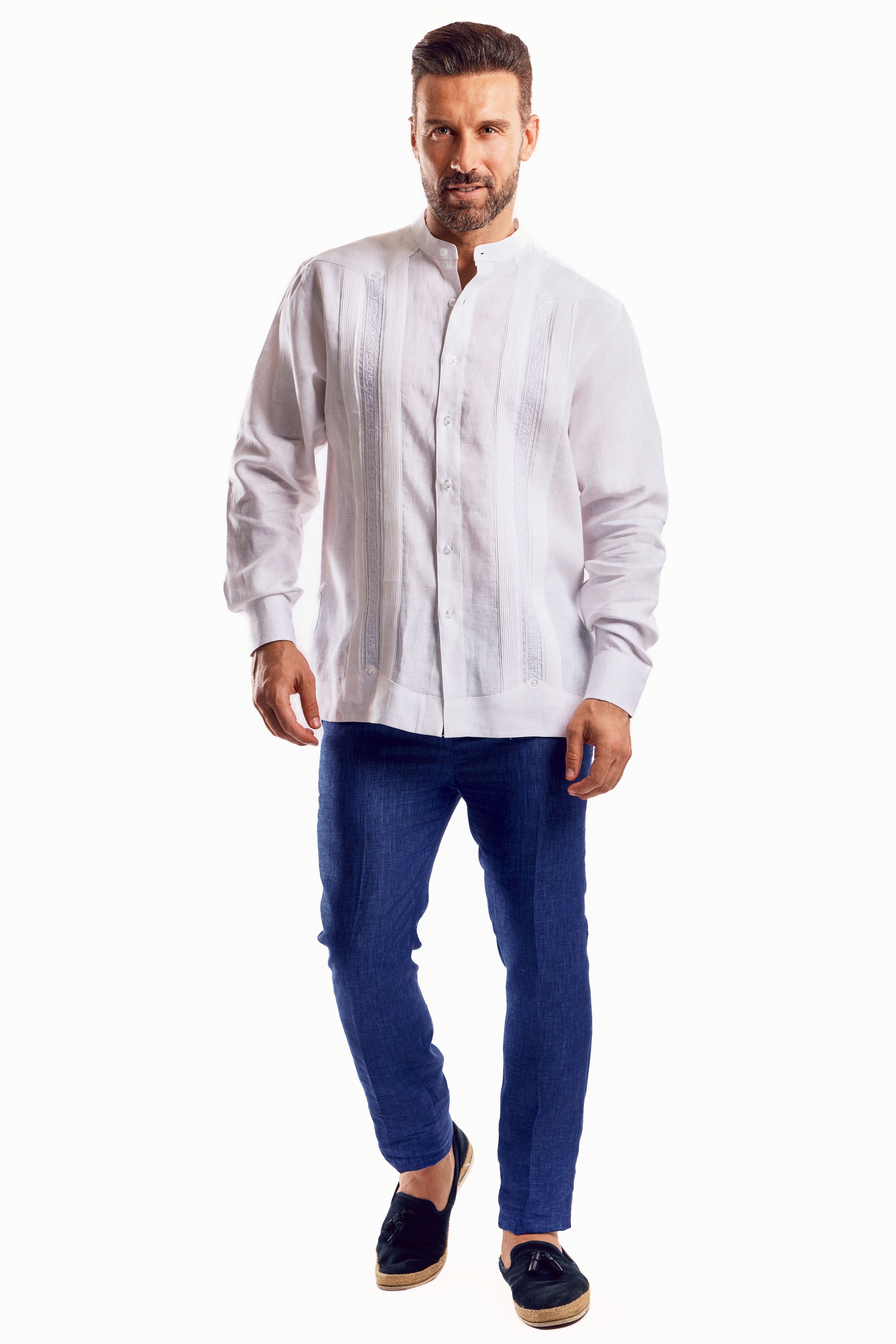 Mojito Men's 100% Linen Mandarin Collar Guayabera Chacabana Shirt Long Sleeve with Embroidery Trim Accent