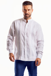 Mojito Men's 100% Linen Mandarin Collar Guayabera Chacabana Shirt Long Sleeve with Embroidery Trim Accent