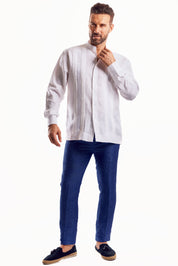 Mojito Men's 100% Linen Mandarin Collar Guayabera Chacabana Shirt Long Sleeve with Embroidery Trim Accent