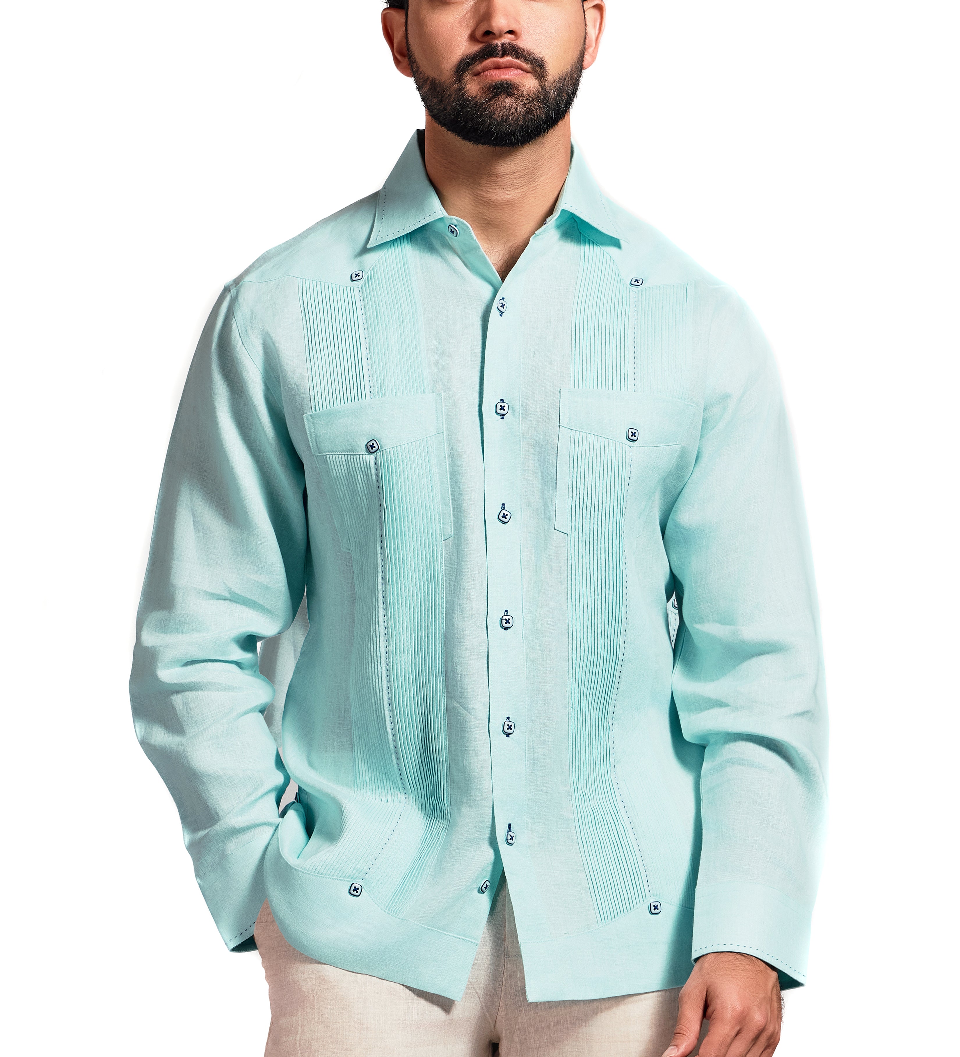 Mojito Men's Guayabera Shirt Chacabana with Single Stitch Embroidery Trim 100% Linen Long Sleeve