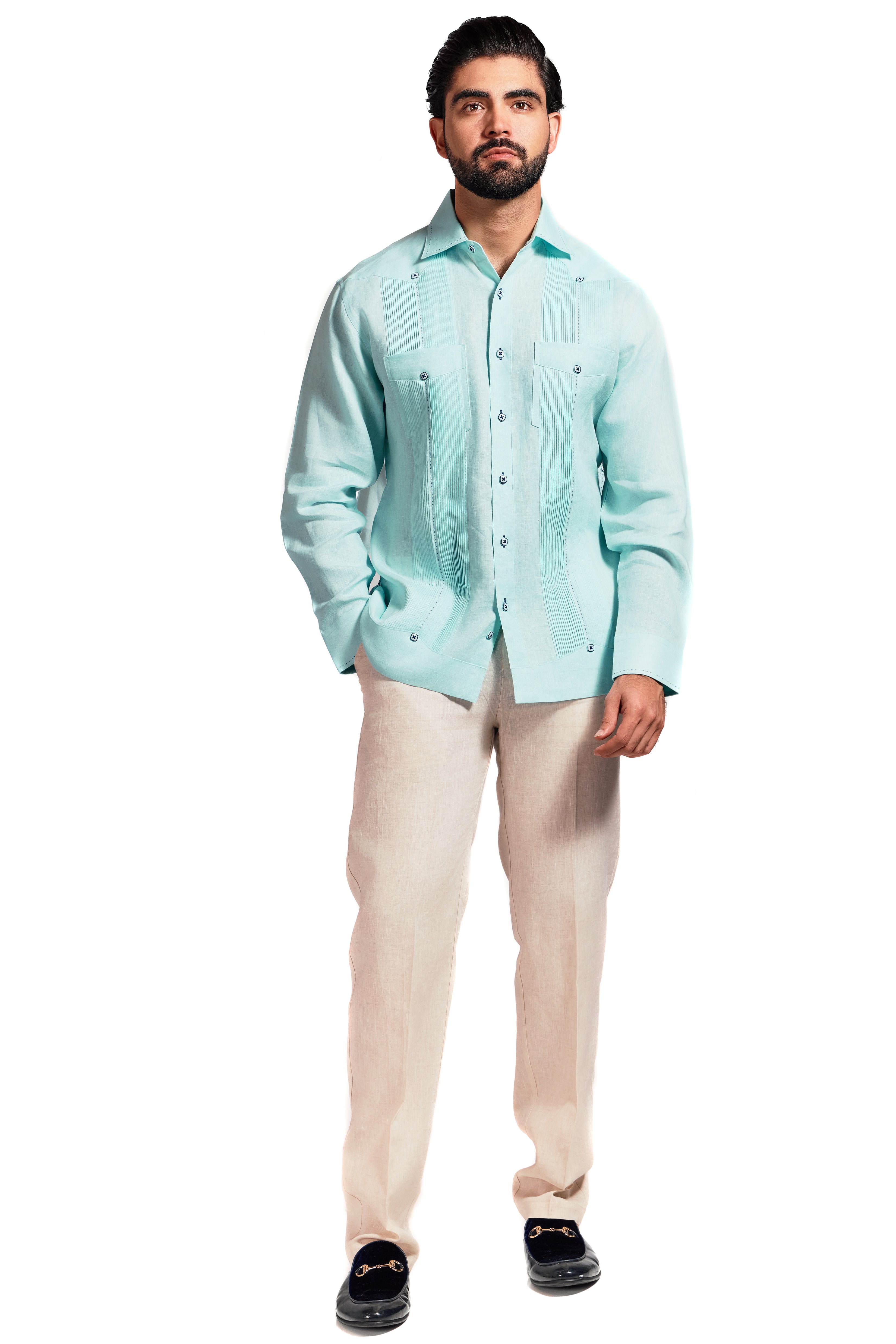 Mojito Men's Guayabera Shirt Chacabana with Single Stitch Embroidery Trim 100% Linen Long Sleeve