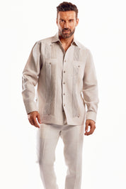 Mojito Men's Guayabera Shirt Chacabana with Single Stitch Embroidery Trim 100% Linen Long Sleeve