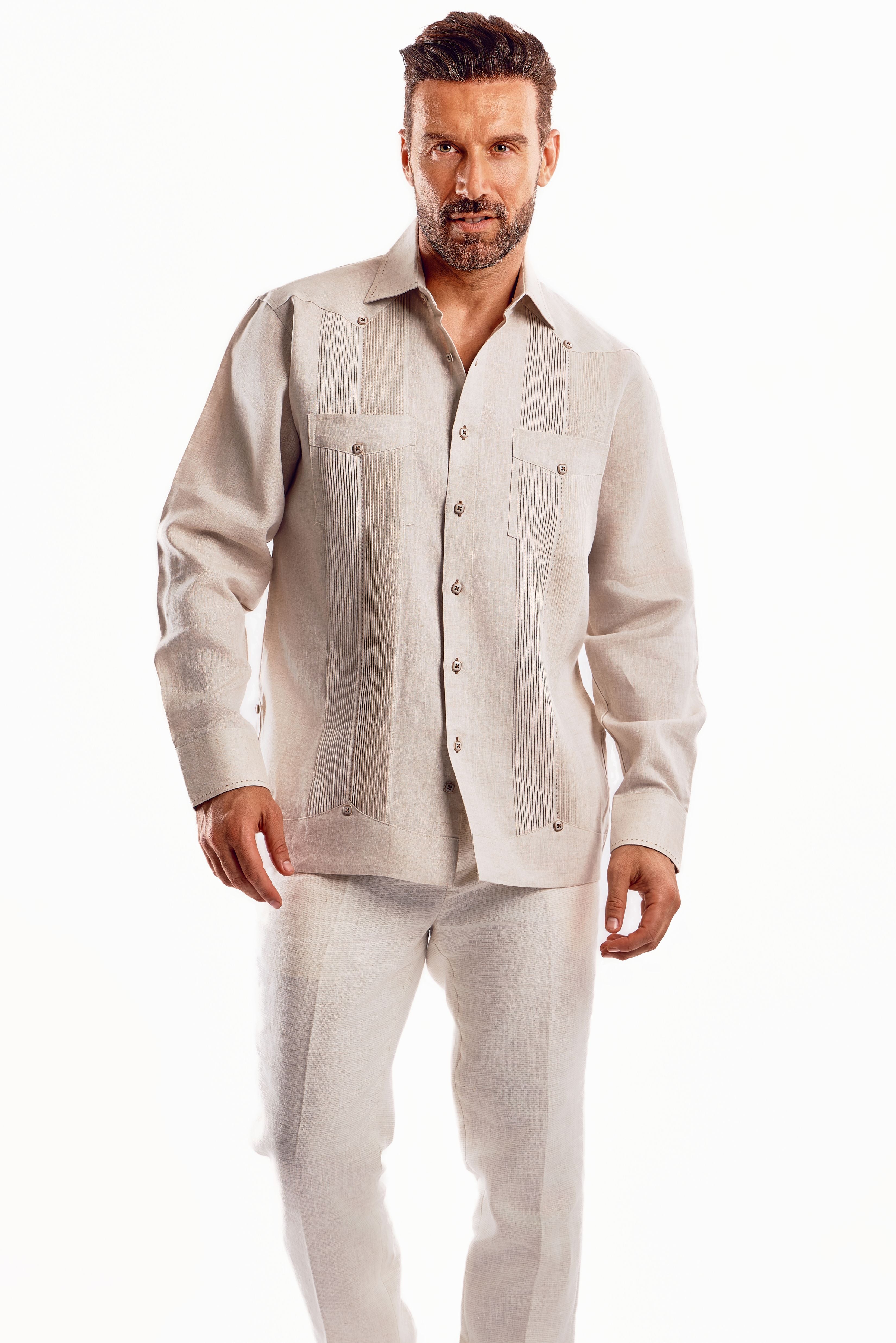 Mojito Men's Guayabera Shirt Chacabana with Single Stitch Embroidery Trim 100% Linen Long Sleeve