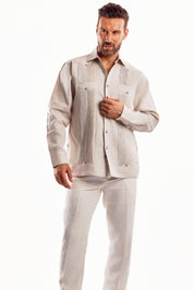 Mojito Men's Guayabera Shirt Chacabana with Single Stitch Embroidery Trim 100% Linen Long Sleeve