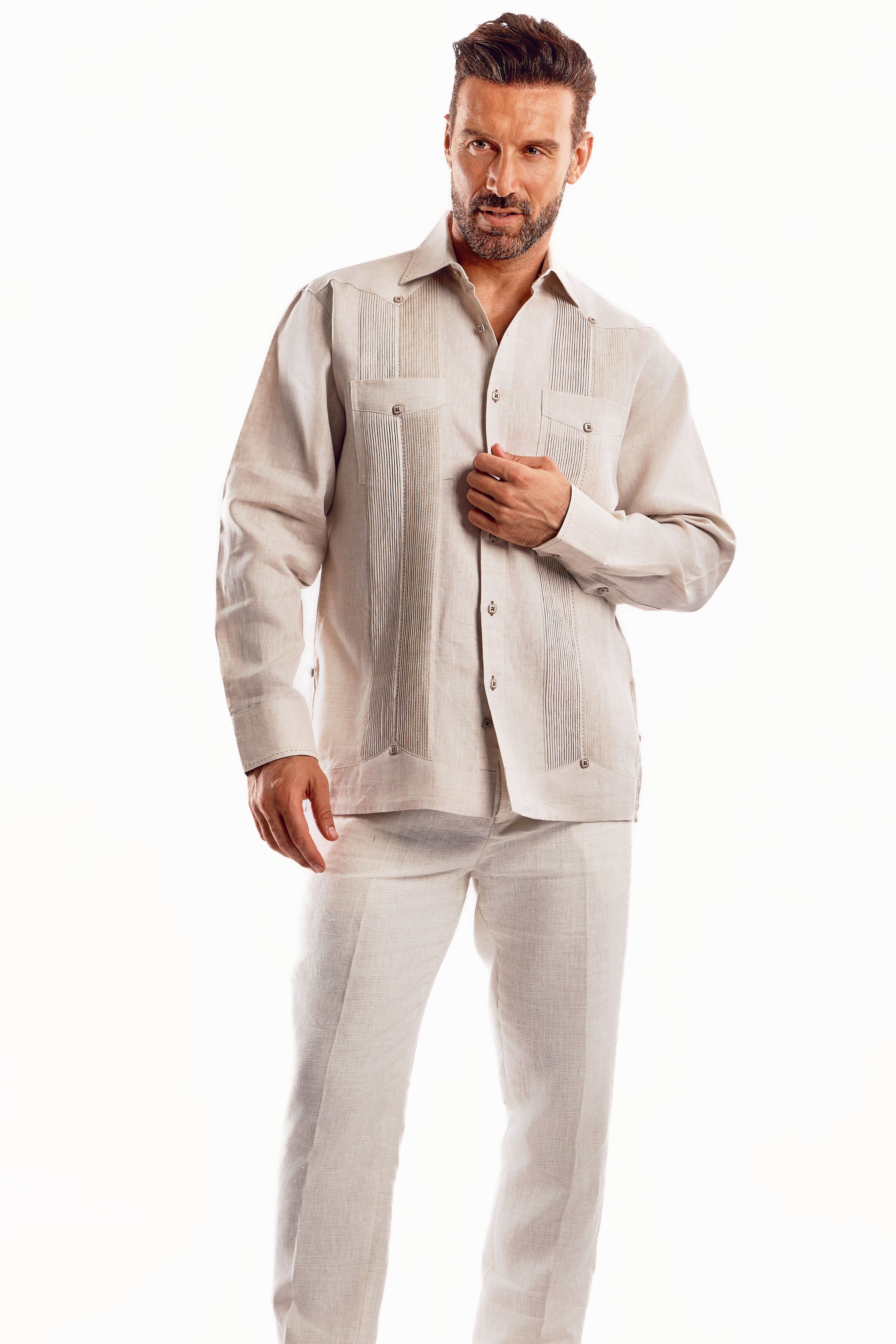 Mojito Men's Guayabera Shirt Chacabana with Single Stitch Embroidery Trim 100% Linen Long Sleeve