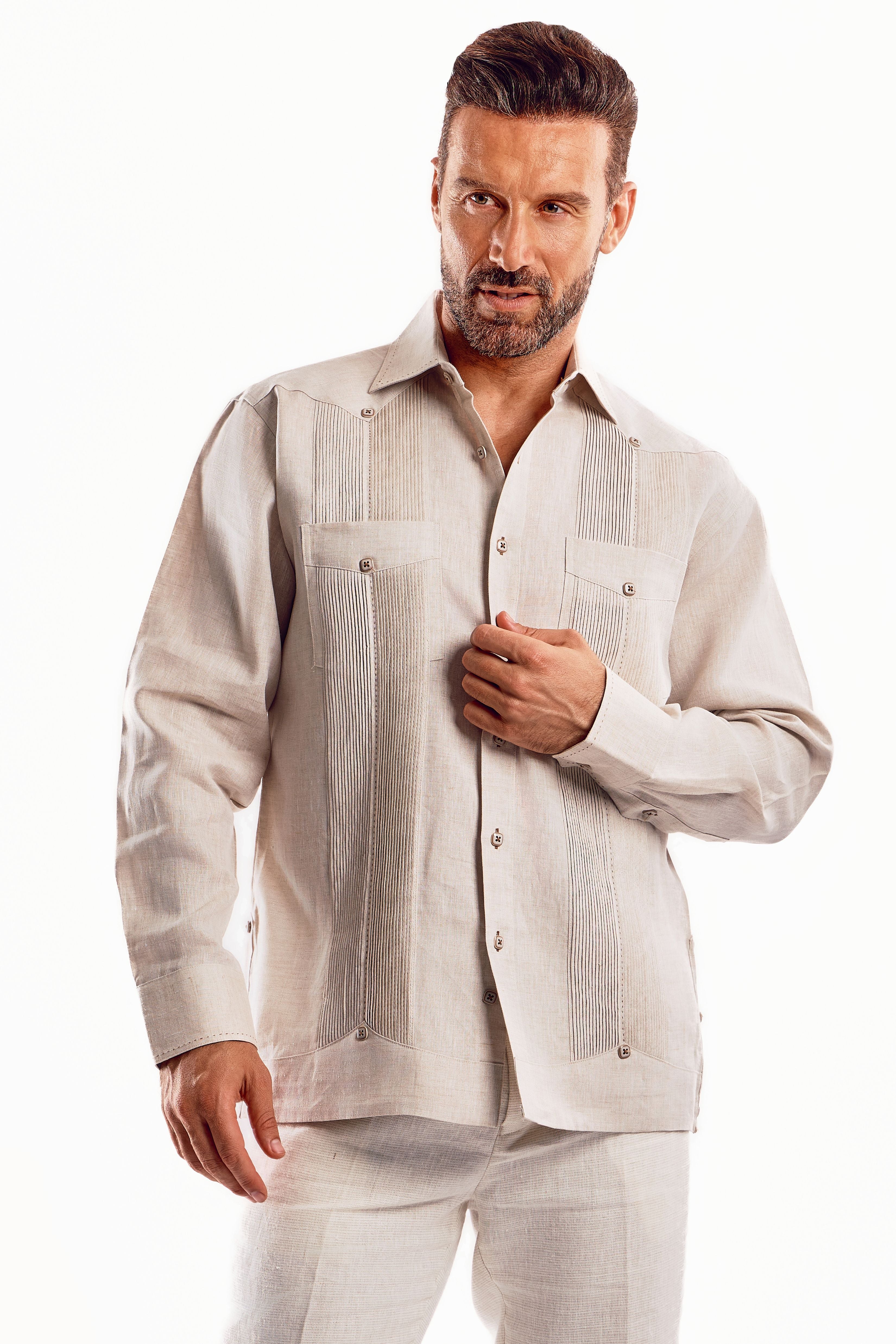 Mojito Men's Guayabera Shirt Chacabana with Single Stitch Embroidery Trim 100% Linen Long Sleeve