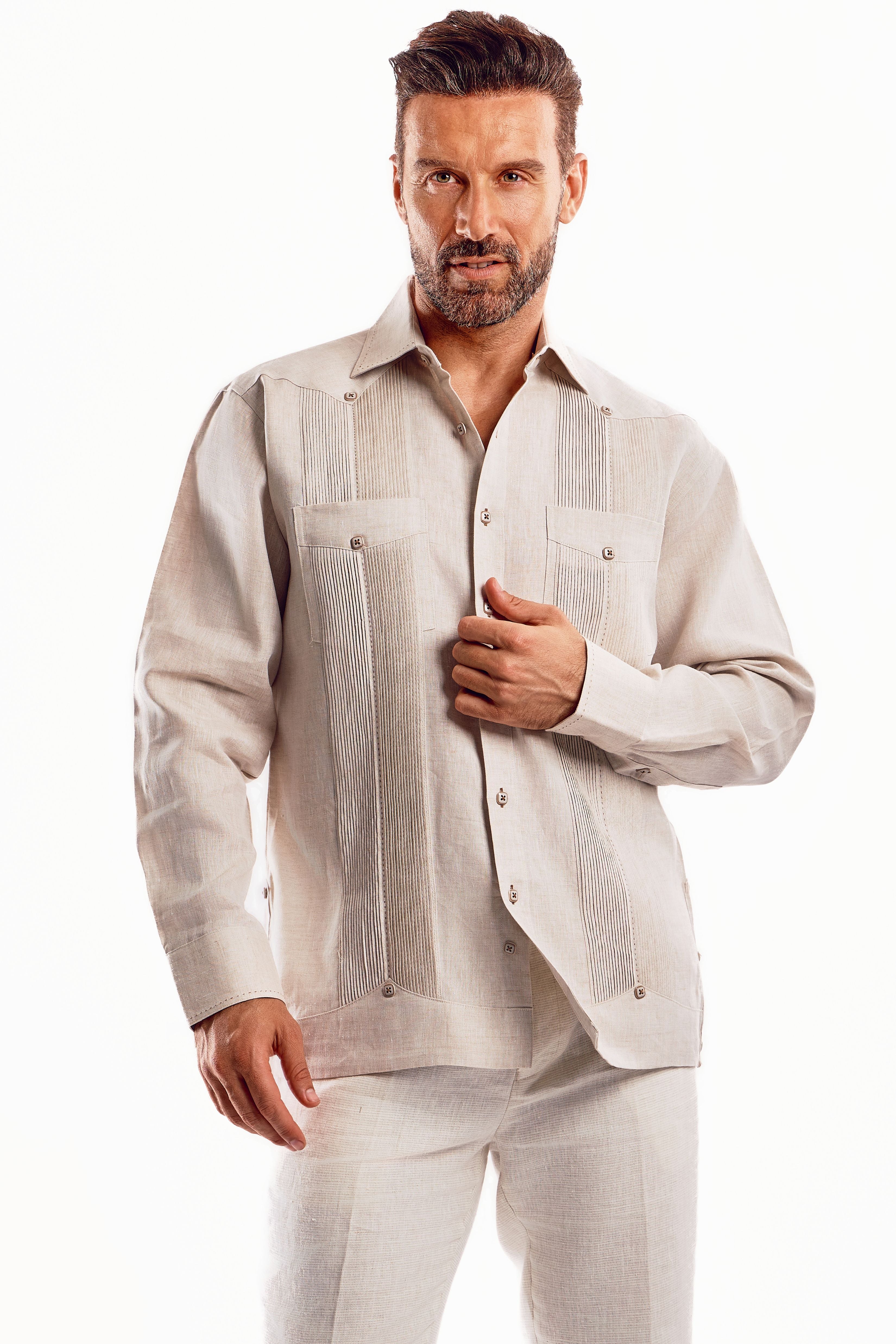 Mojito Men's Guayabera Shirt Chacabana with Single Stitch Embroidery Trim 100% Linen Long Sleeve