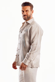 Mojito Men's Guayabera Shirt Chacabana with Single Stitch Embroidery Trim 100% Linen Long Sleeve