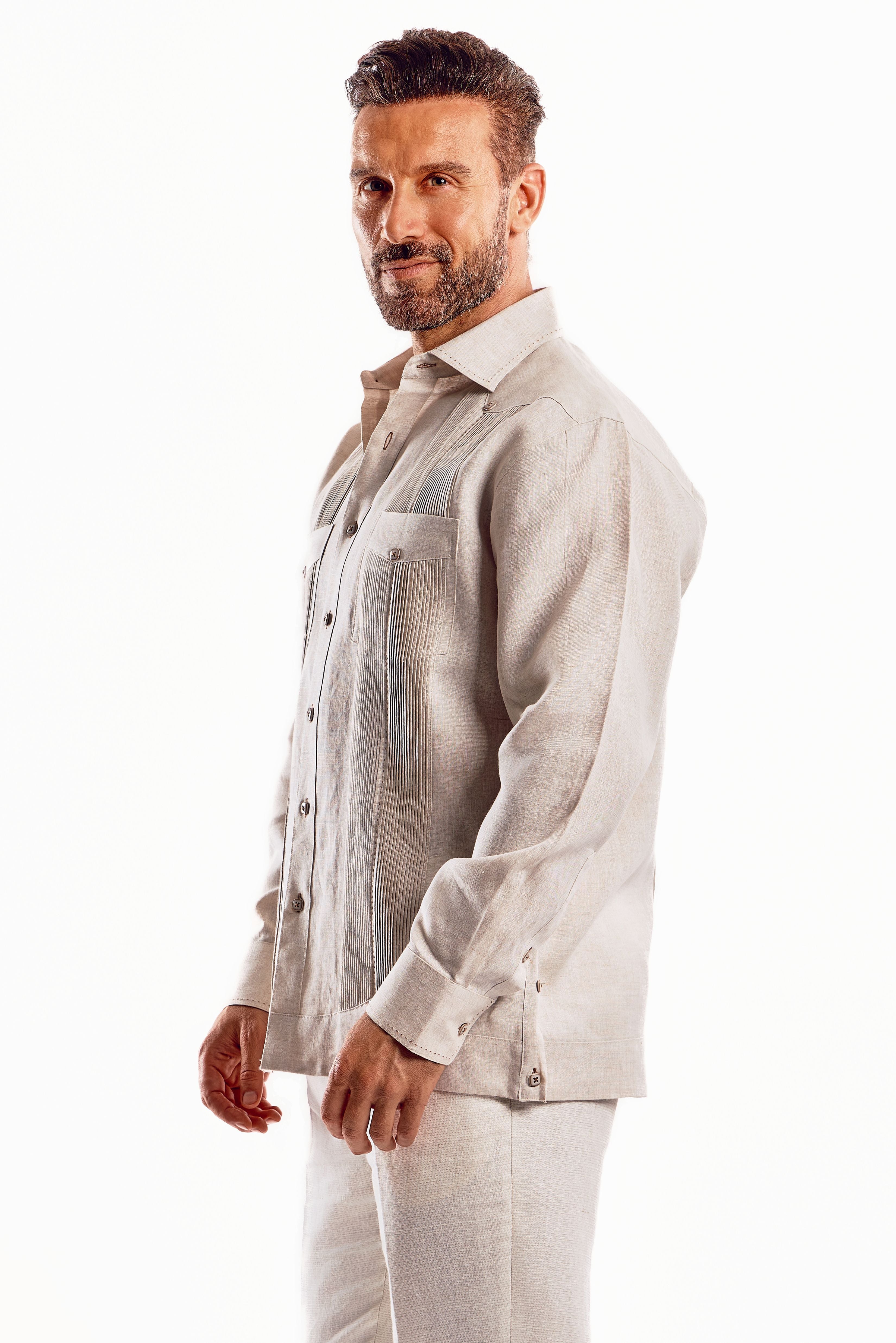 Mojito Men's Guayabera Shirt Chacabana with Single Stitch Embroidery Trim 100% Linen Long Sleeve