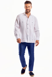 Mojito Men's Guayabera Shirt Chacabana with Single Stitch Embroidery Trim 100% Linen Long Sleeve