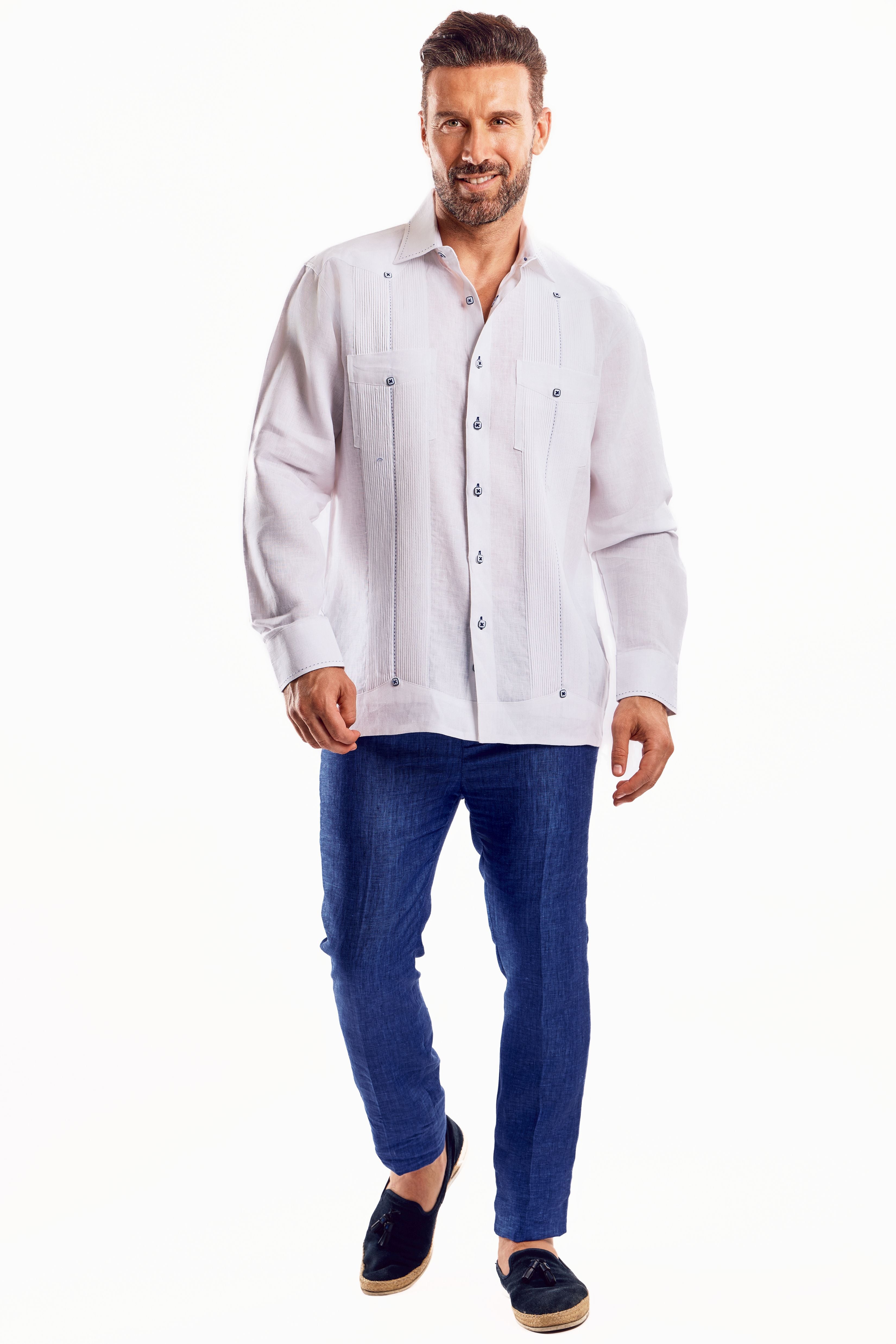 Mojito Men's Guayabera Shirt Chacabana with Single Stitch Embroidery Trim 100% Linen Long Sleeve