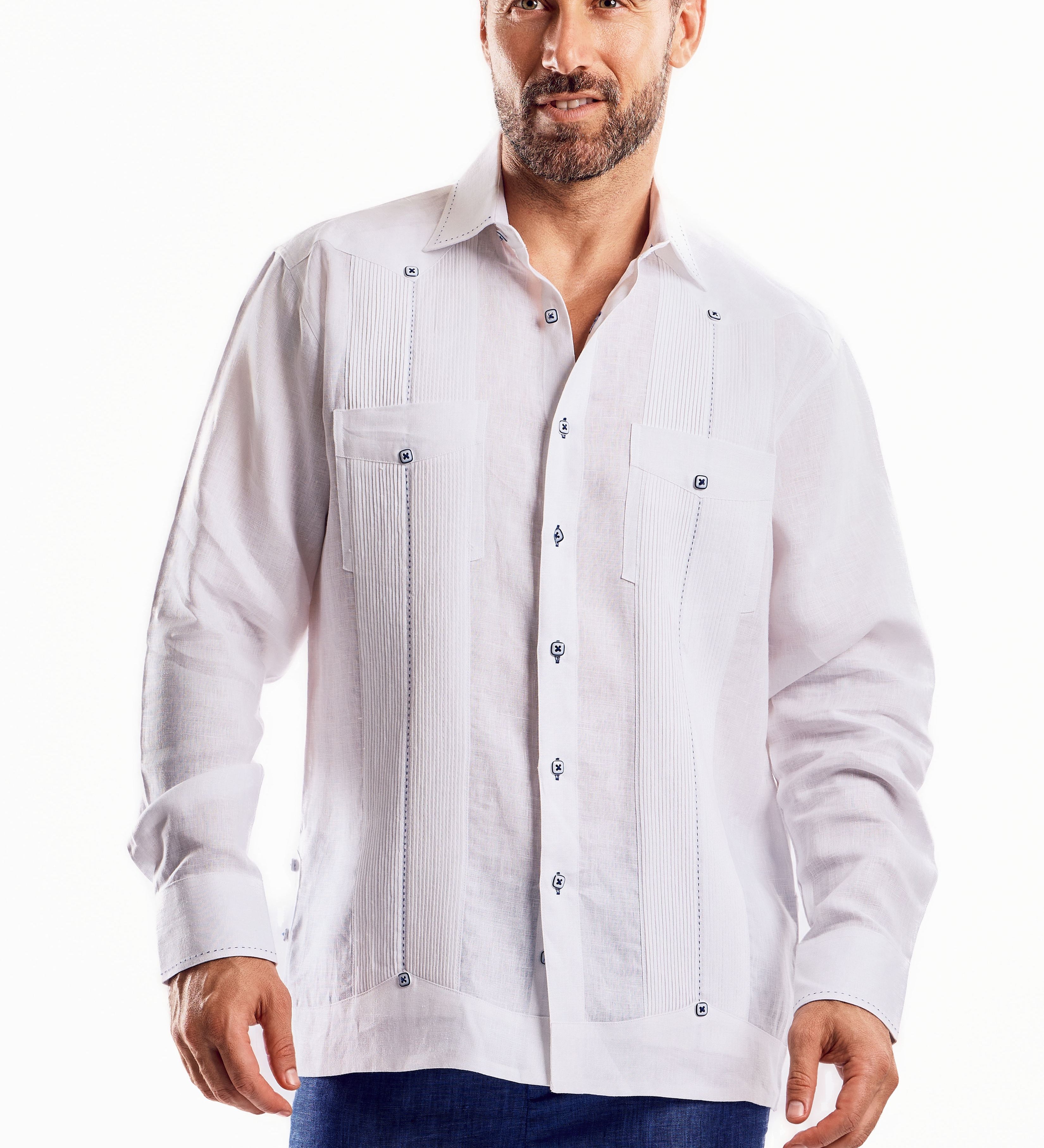 Mojito Men's Guayabera Shirt Chacabana with Single Stitch Embroidery Trim 100% Linen Long Sleeve