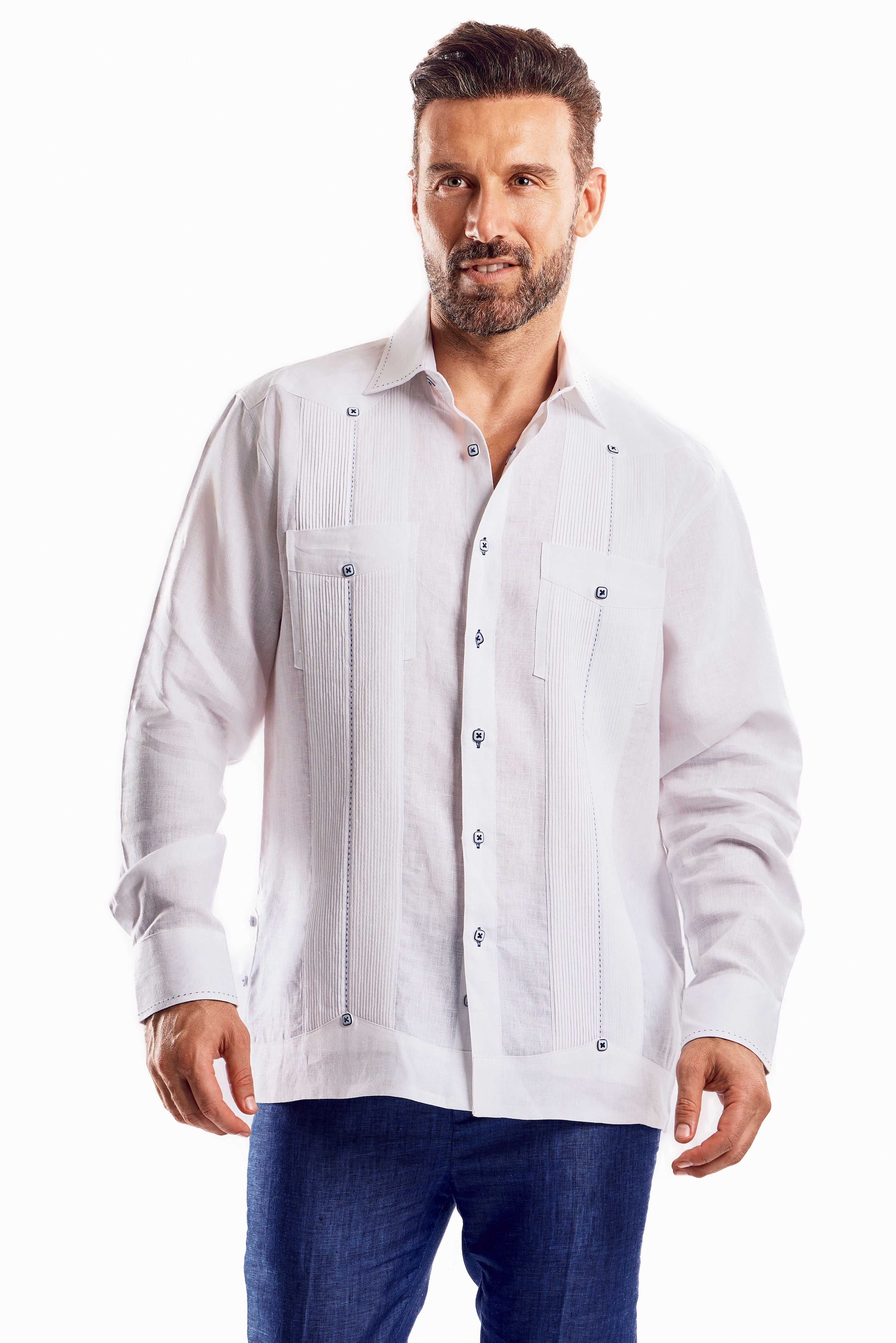 Mojito Men's Guayabera Shirt Chacabana with Single Stitch Embroidery Trim 100% Linen Long Sleeve