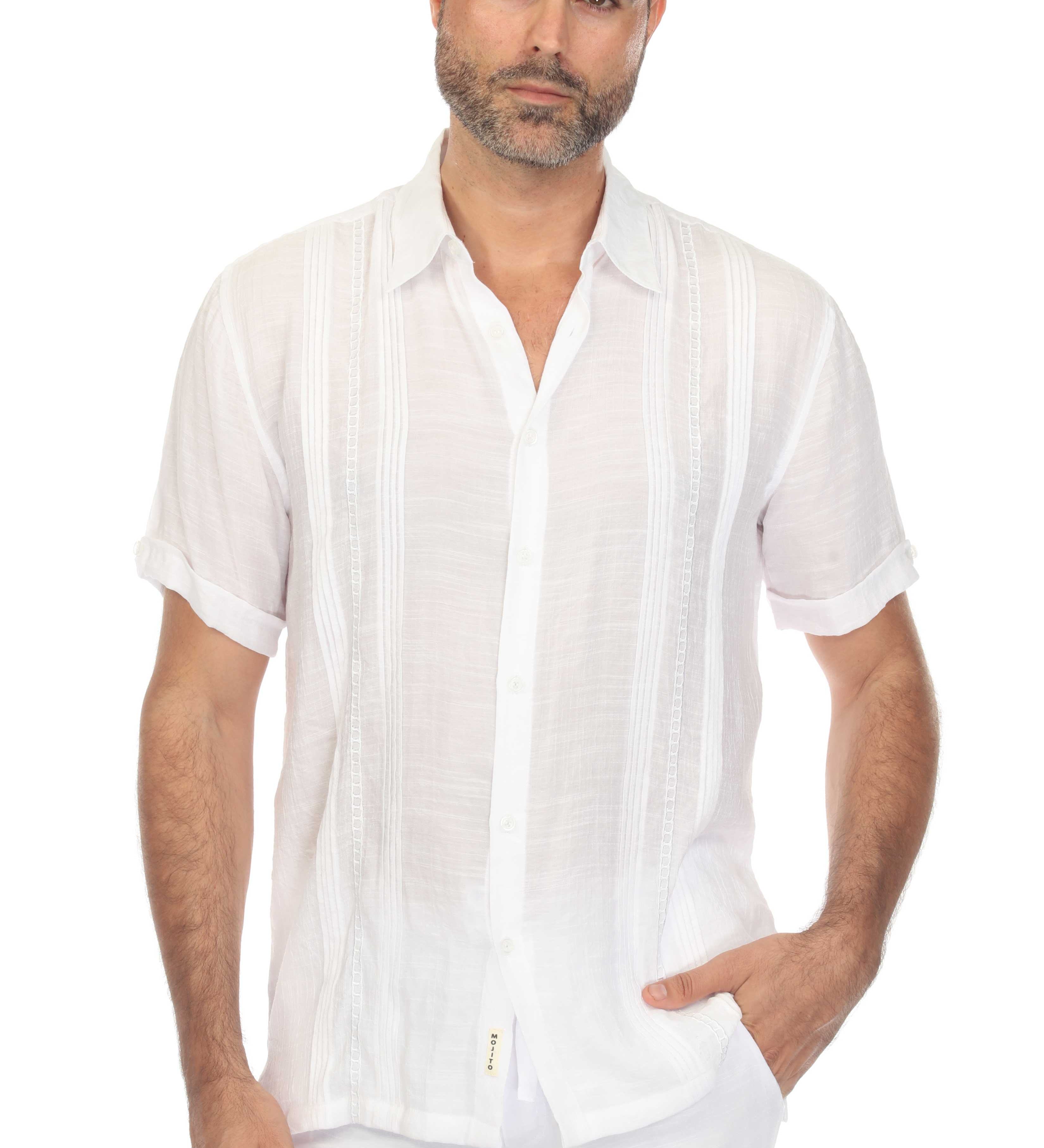 Men's Beach Button Down Embroidered Shirt with Pleating Design Short Sleeve