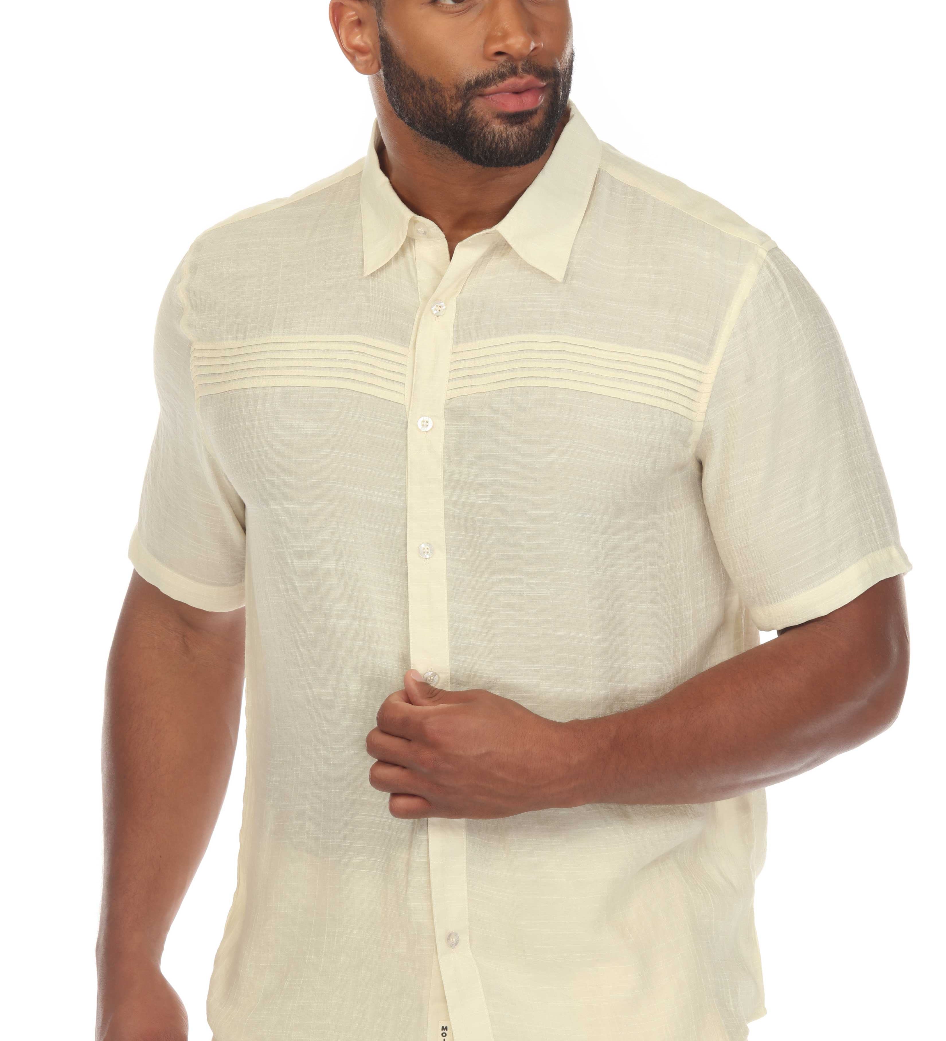 Men's Beach Button Down Shirt Short Sleeve with Pleated Trim