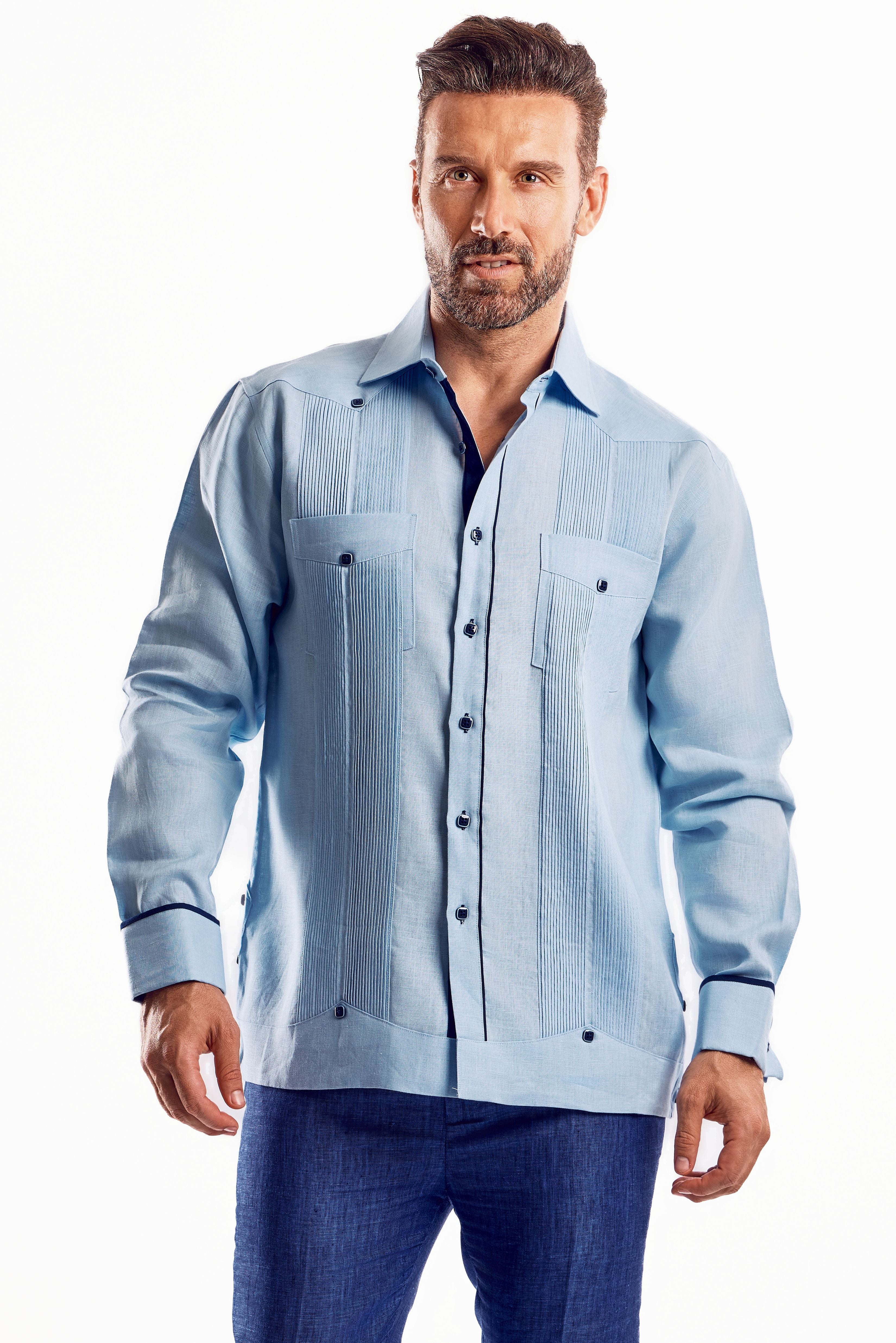 Mojito Men's Guayabera Shirt Chacabana with Contrast Trim 100% Linen Long Sleeve