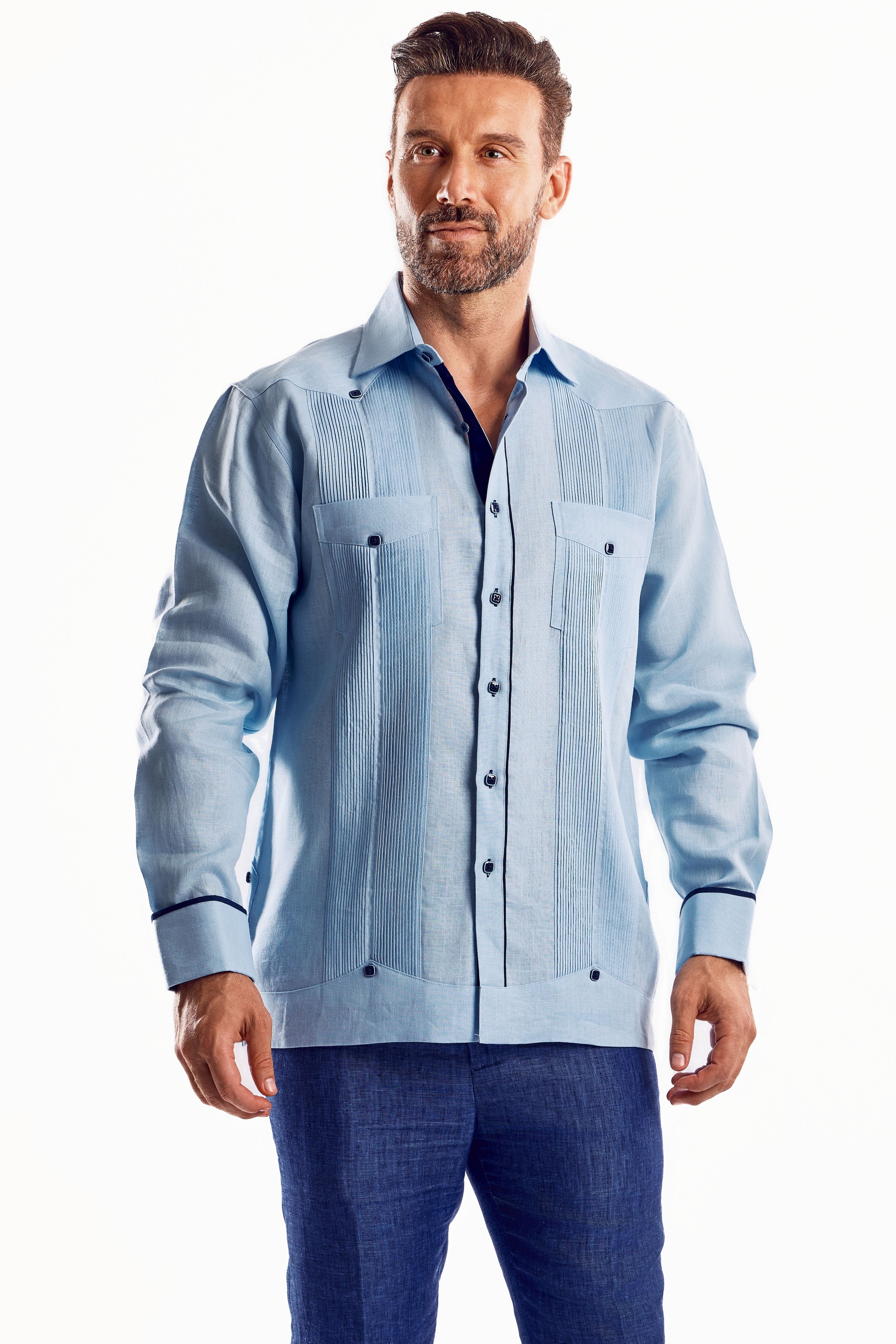 Mojito Men's Guayabera Shirt Chacabana with Contrast Trim 100% Linen Long Sleeve