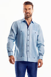 Mojito Men's Guayabera Shirt Chacabana with Contrast Trim 100% Linen Long Sleeve