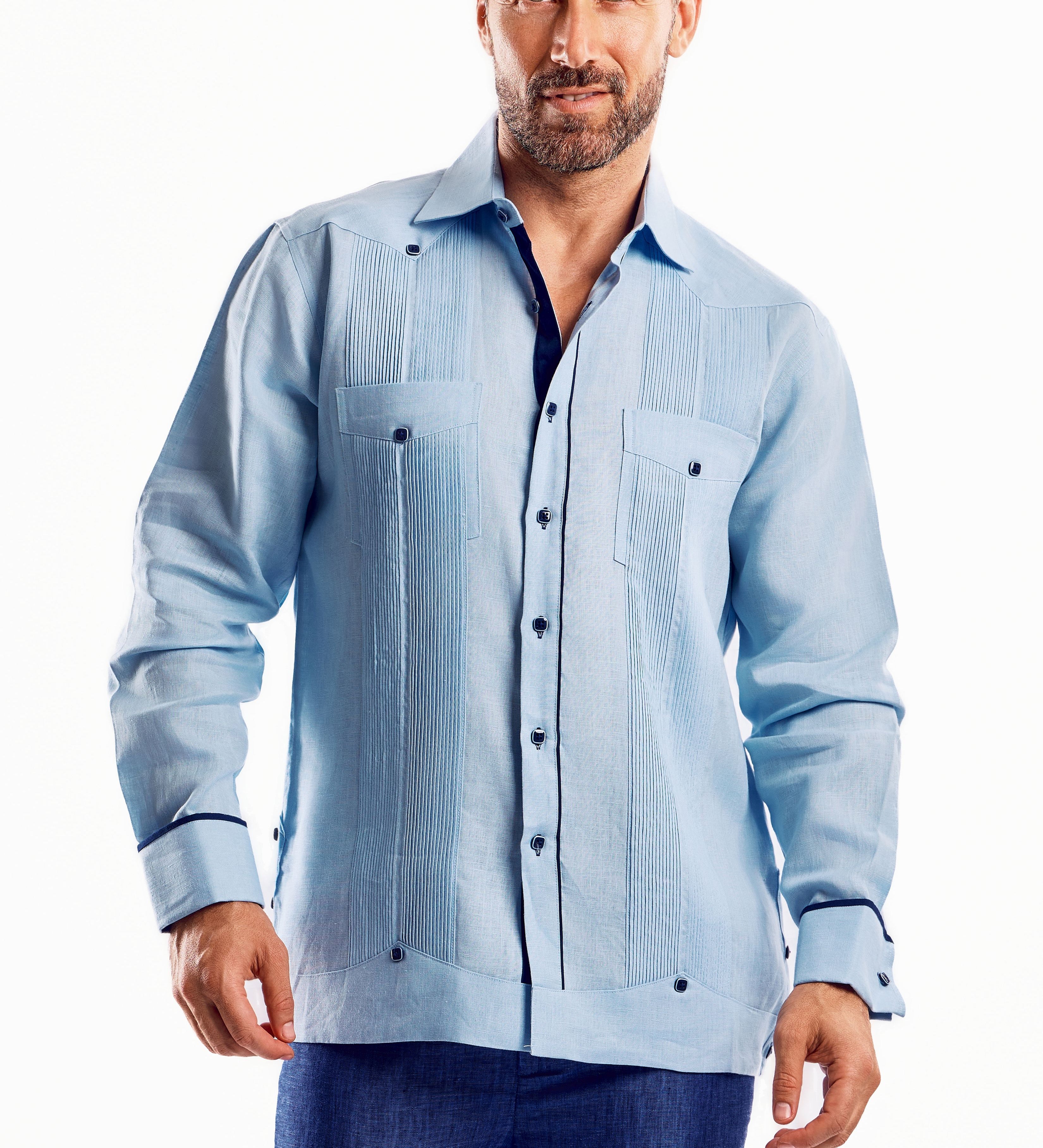 Mojito Men's Guayabera Shirt Chacabana with Contrast Trim 100% Linen Long Sleeve