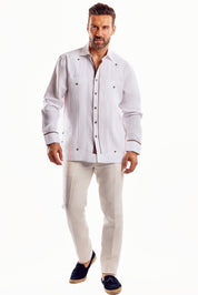 Mojito Men's Guayabera Shirt Chacabana with Contrast Trim 100% Linen Long Sleeve