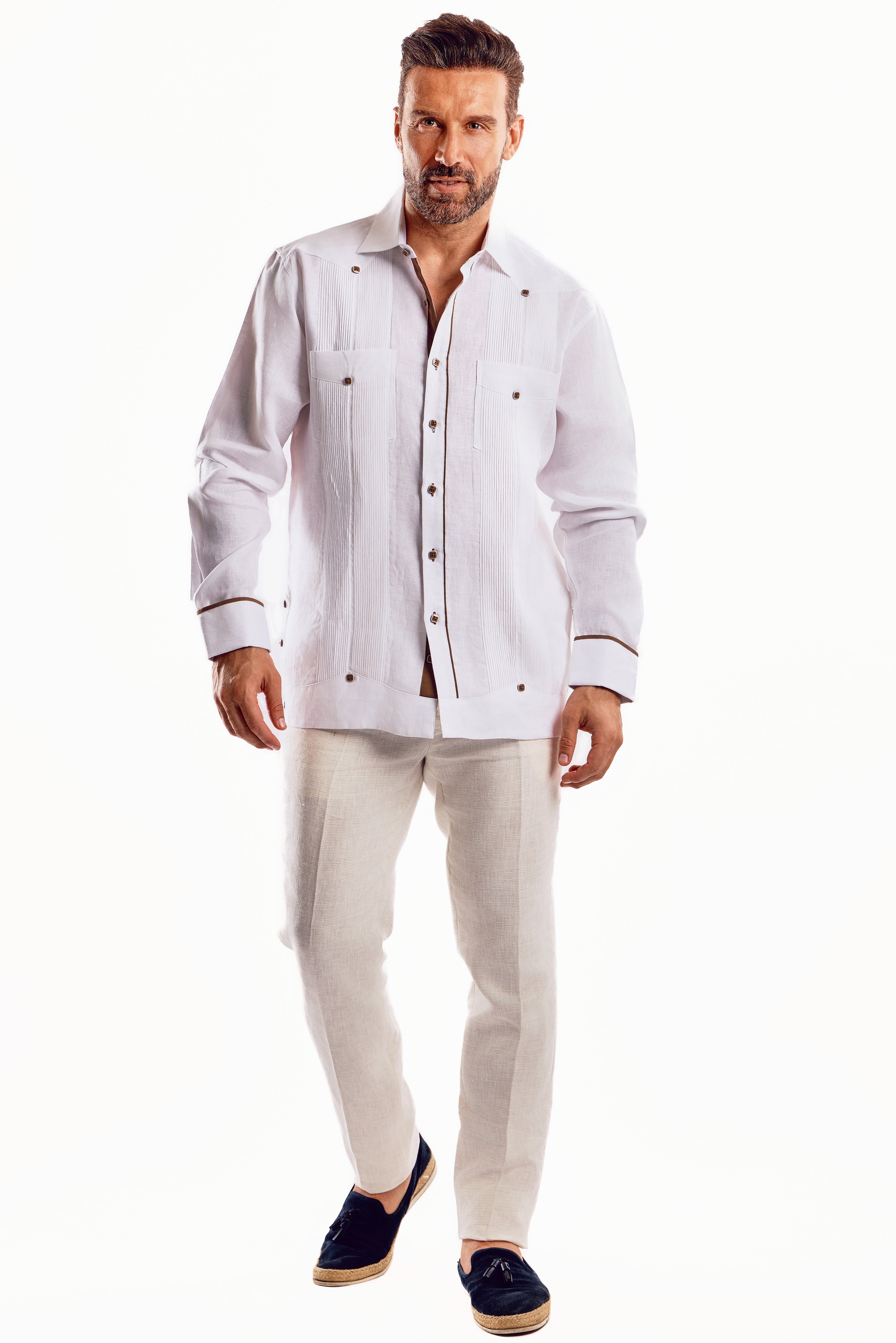 Mojito Men's Guayabera Shirt Chacabana with Contrast Trim 100% Linen Long Sleeve