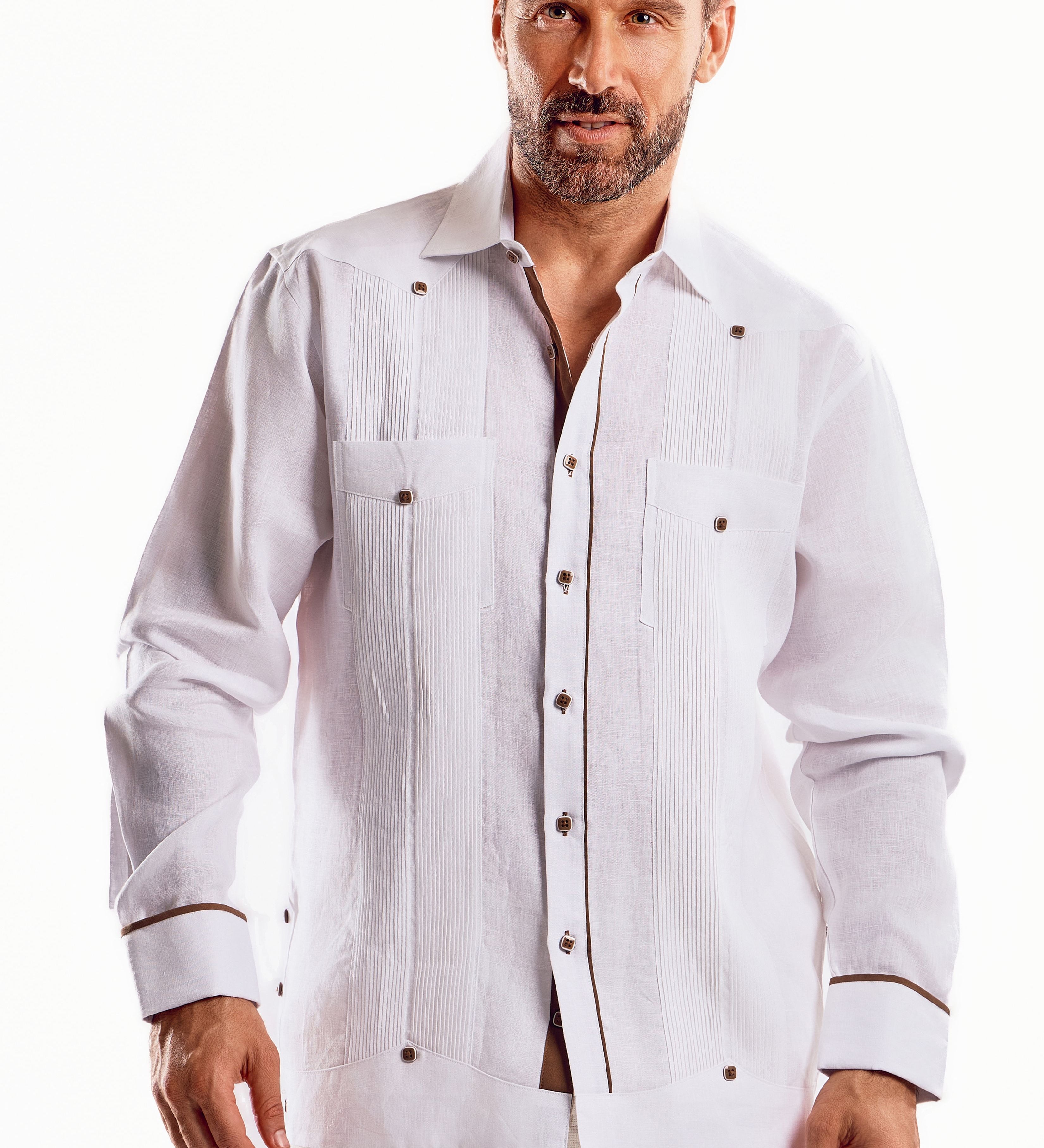 Mojito Men's Guayabera Shirt Chacabana with Contrast Trim 100% Linen Long Sleeve