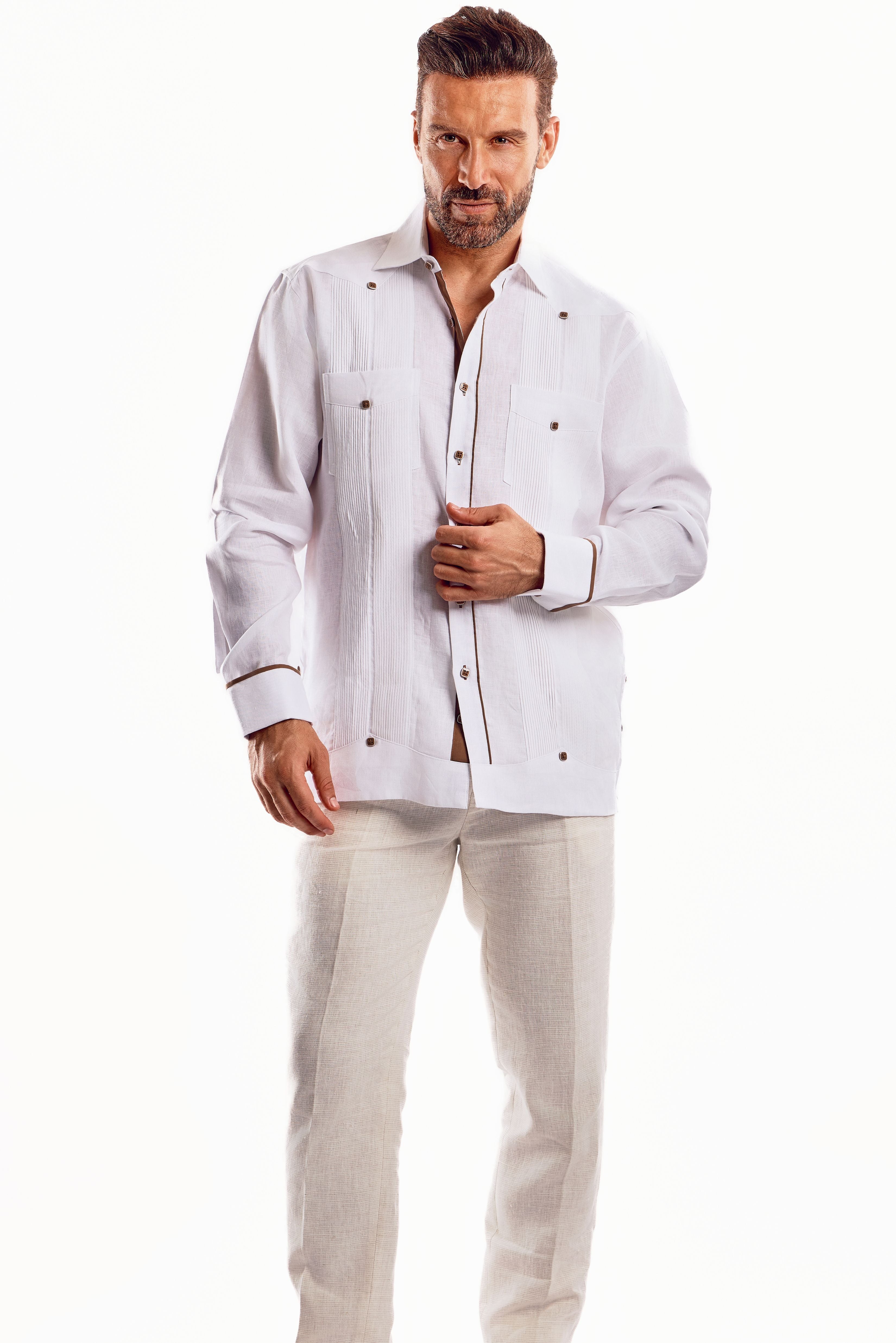 Mojito Men's Guayabera Shirt Chacabana with Contrast Trim 100% Linen Long Sleeve