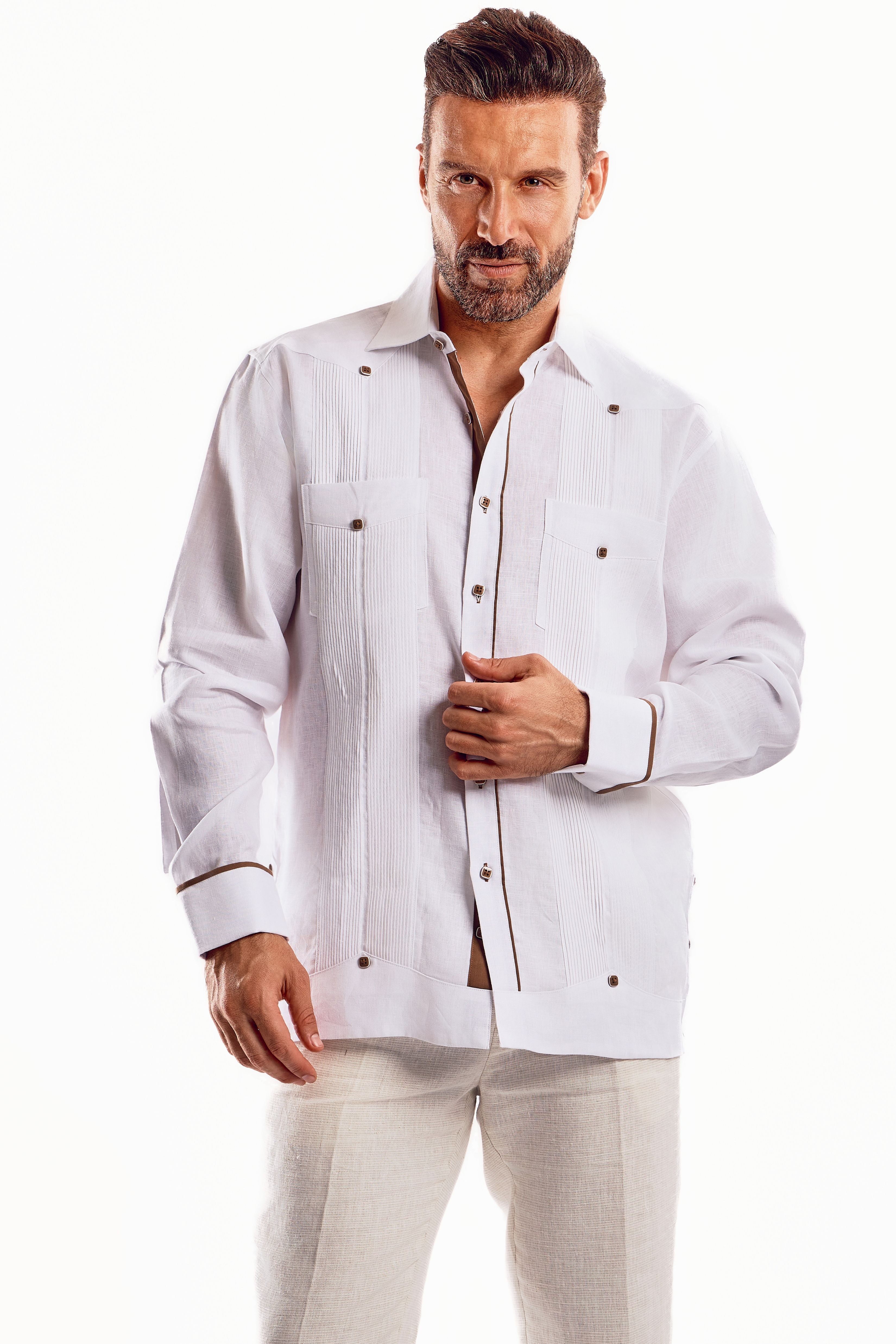 Mojito Men's Guayabera Shirt Chacabana with Contrast Trim 100% Linen Long Sleeve