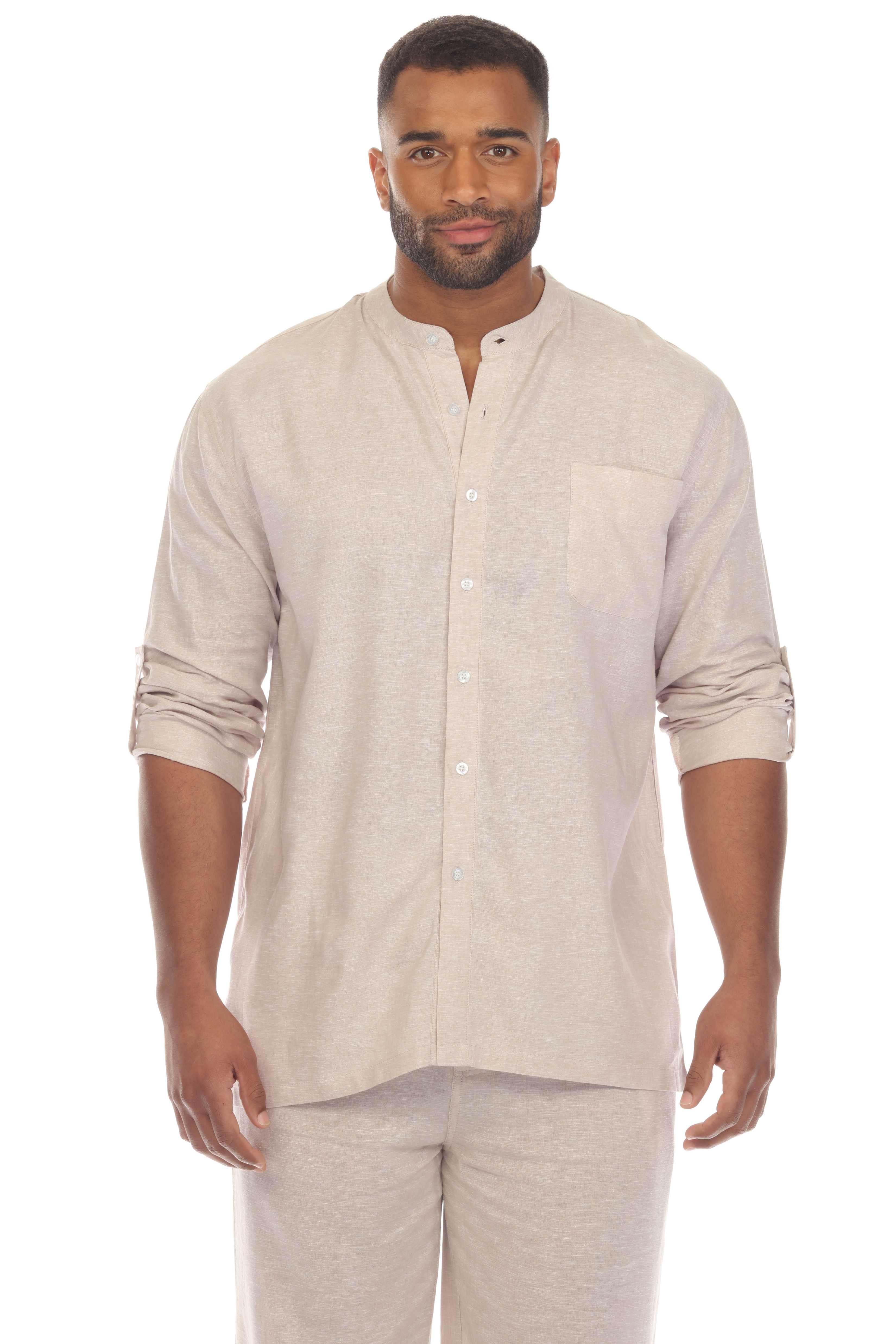 Mojito Men's Causal Beach Resort Wear Mandarin Collar Long Sleeve Linen Blend Button Down Shirt