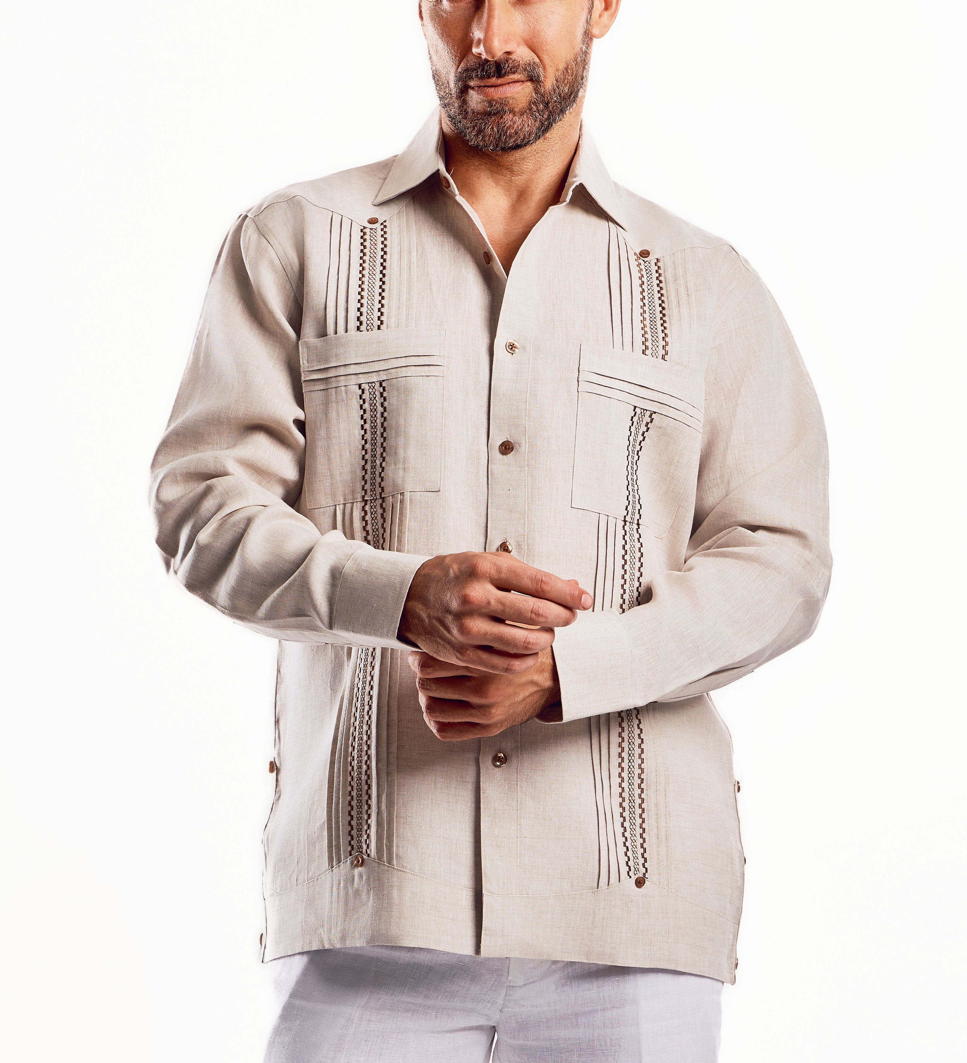 Mojito Men's Embroidery Trimmed Guayabera Shirt Chacabana 100% Linen Long Sleeve