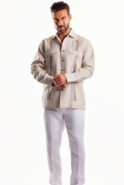 Mojito Men's Embroidery Trimmed Guayabera Shirt Chacabana 100% Linen Long Sleeve