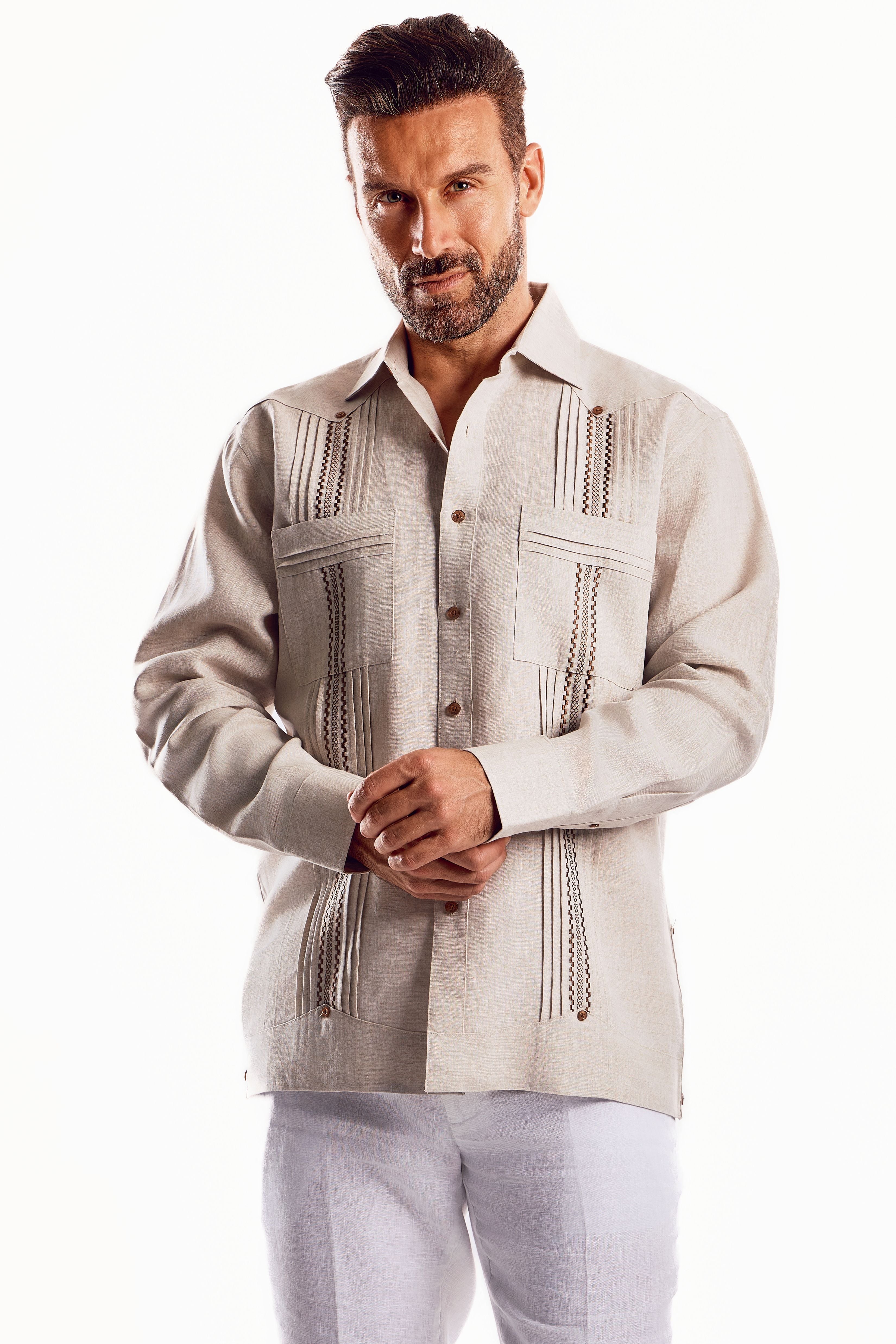 Mojito Men's Embroidery Trimmed Guayabera Shirt Chacabana 100% Linen Long Sleeve