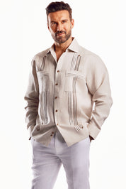 Mojito Men's Embroidery Trimmed Guayabera Shirt Chacabana 100% Linen Long Sleeve