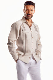 Mojito Men's Embroidery Trimmed Guayabera Shirt Chacabana 100% Linen Long Sleeve