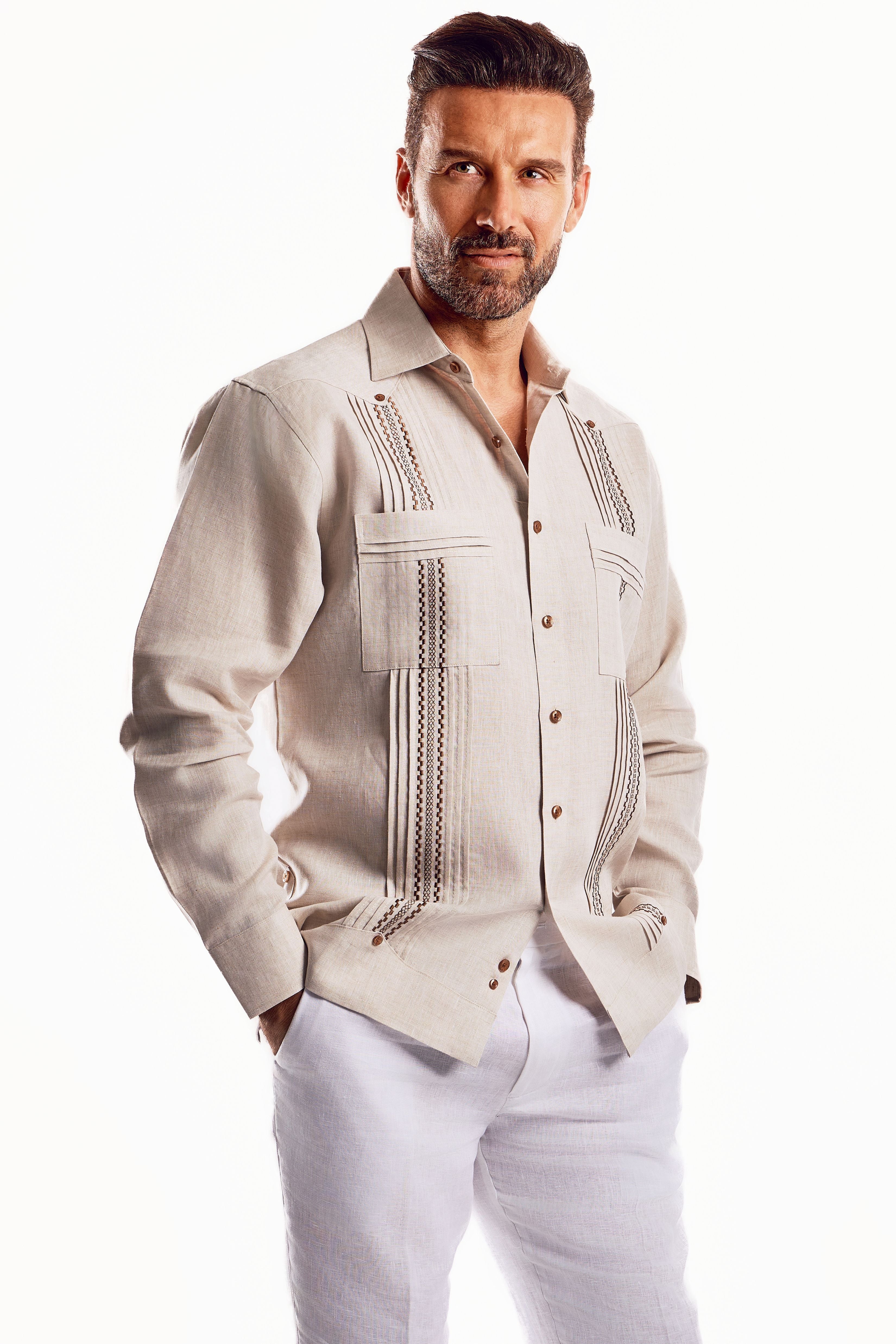 Mojito Men's Embroidery Trimmed Guayabera Shirt Chacabana 100% Linen Long Sleeve