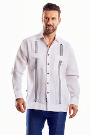 Mojito Men's Embroidery Trimmed Guayabera Shirt Chacabana 100% Linen Long Sleeve